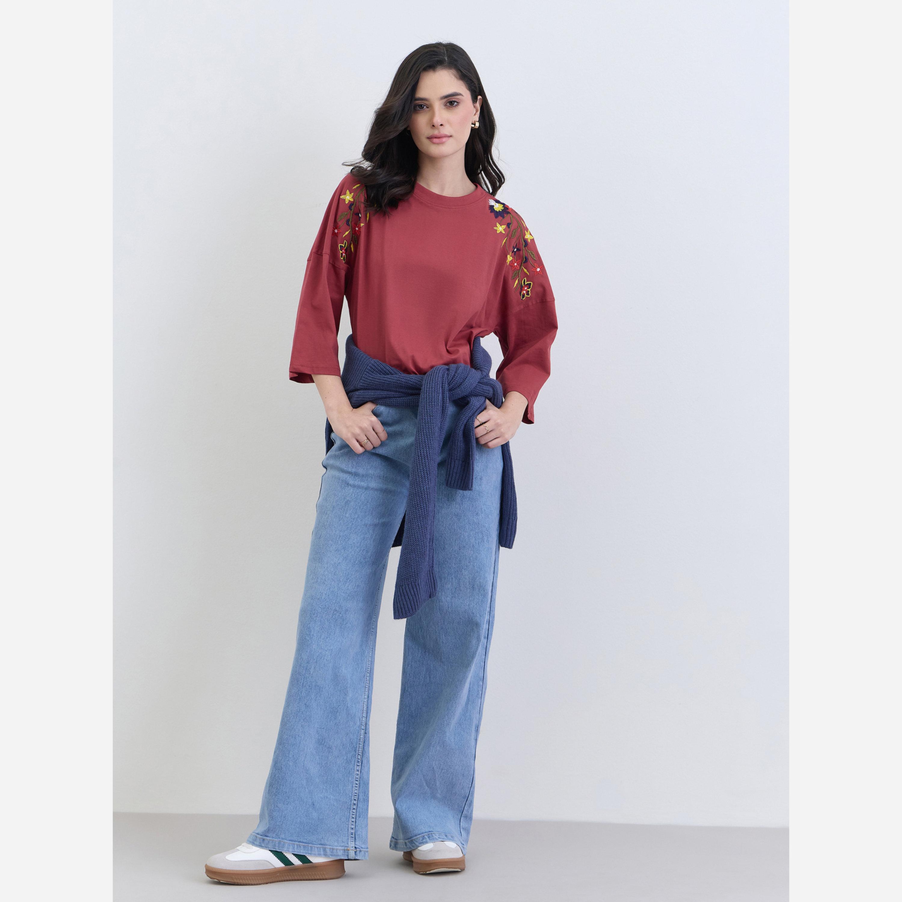 Styli Red Floral Embroidered Oversized T-Shirt-women-clothing-tshirts-image-2
