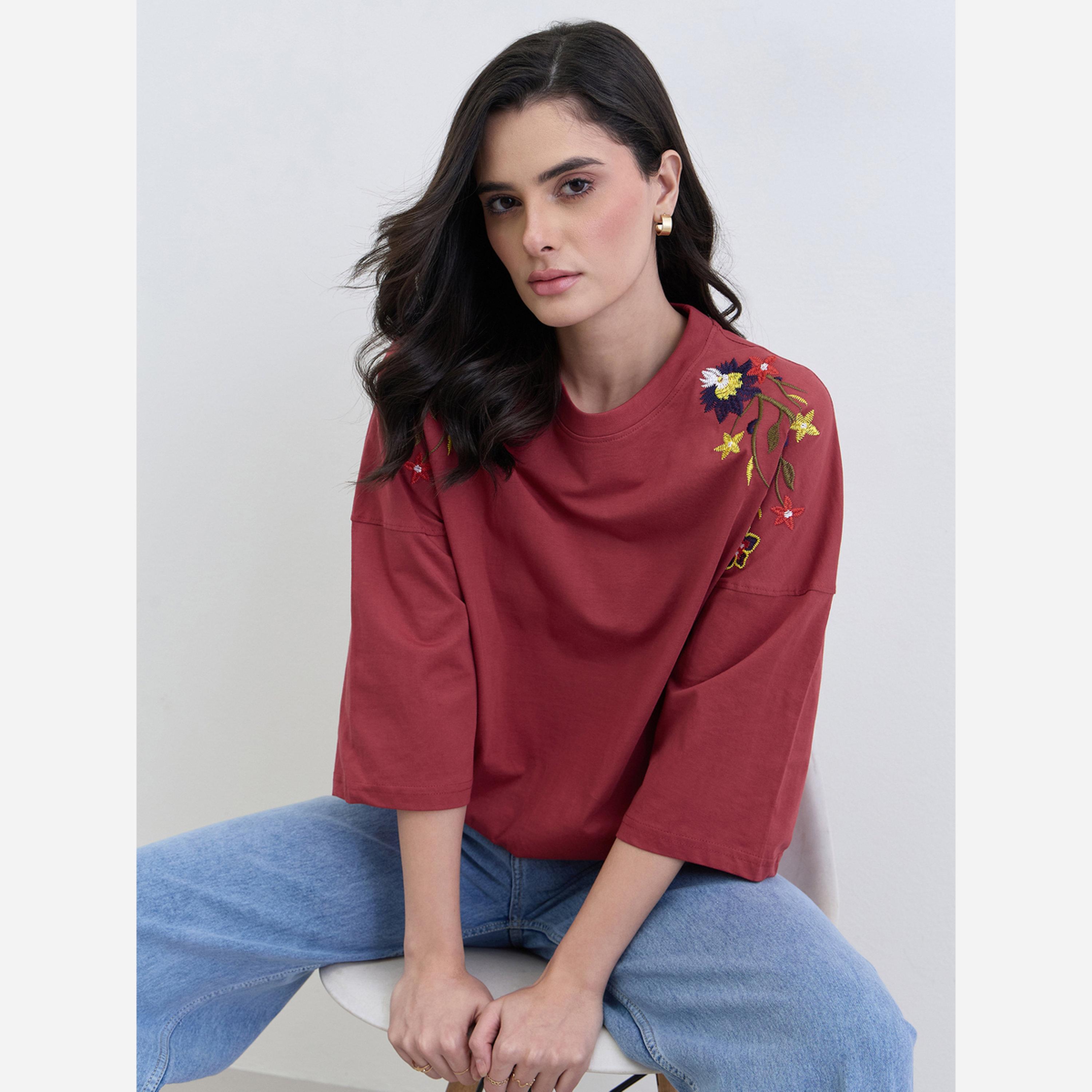 Styli Red Floral Embroidered Oversized T-Shirt-women-clothing-tshirts-image-3