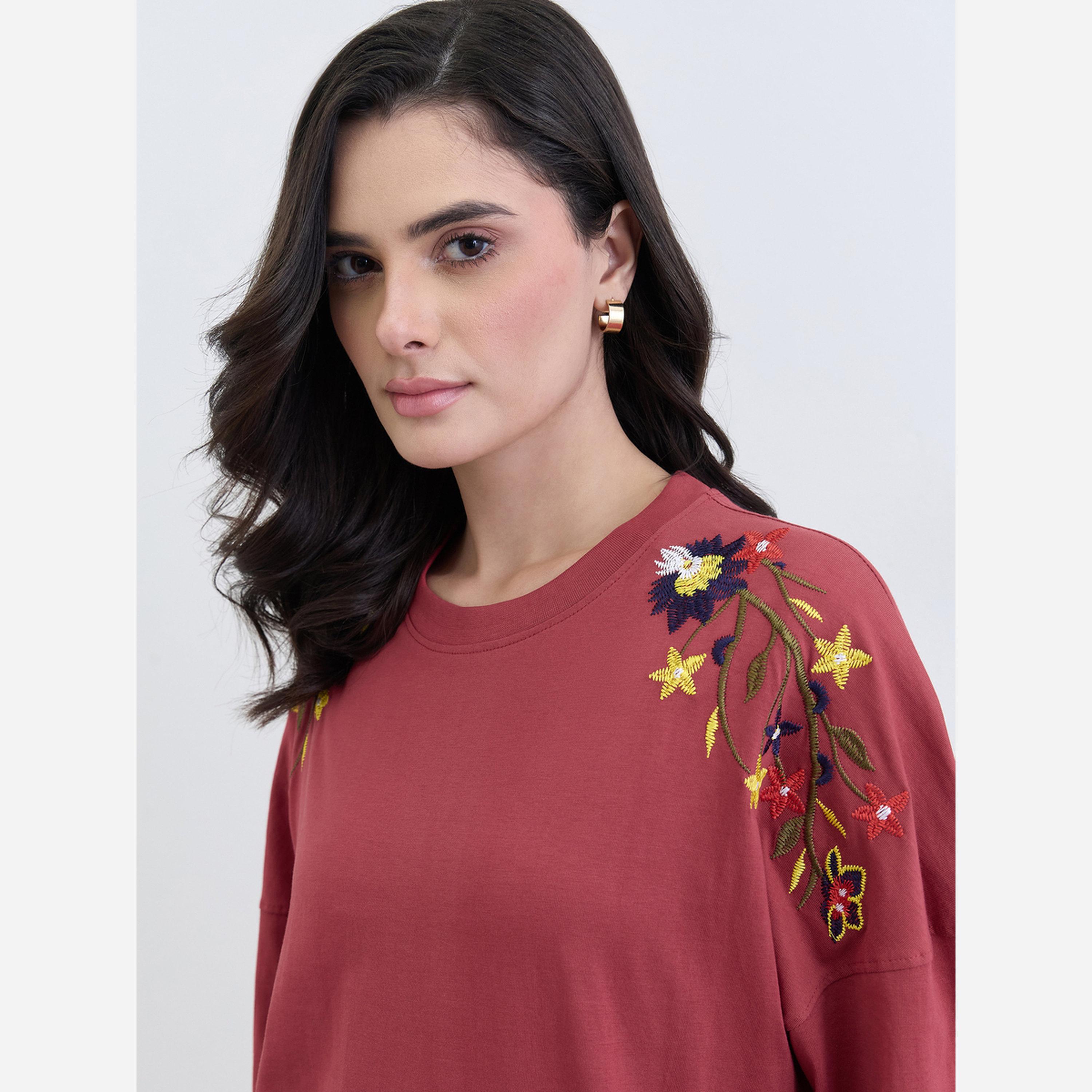 Styli Red Floral Embroidered Oversized T-Shirt-women-clothing-tshirts-image-4