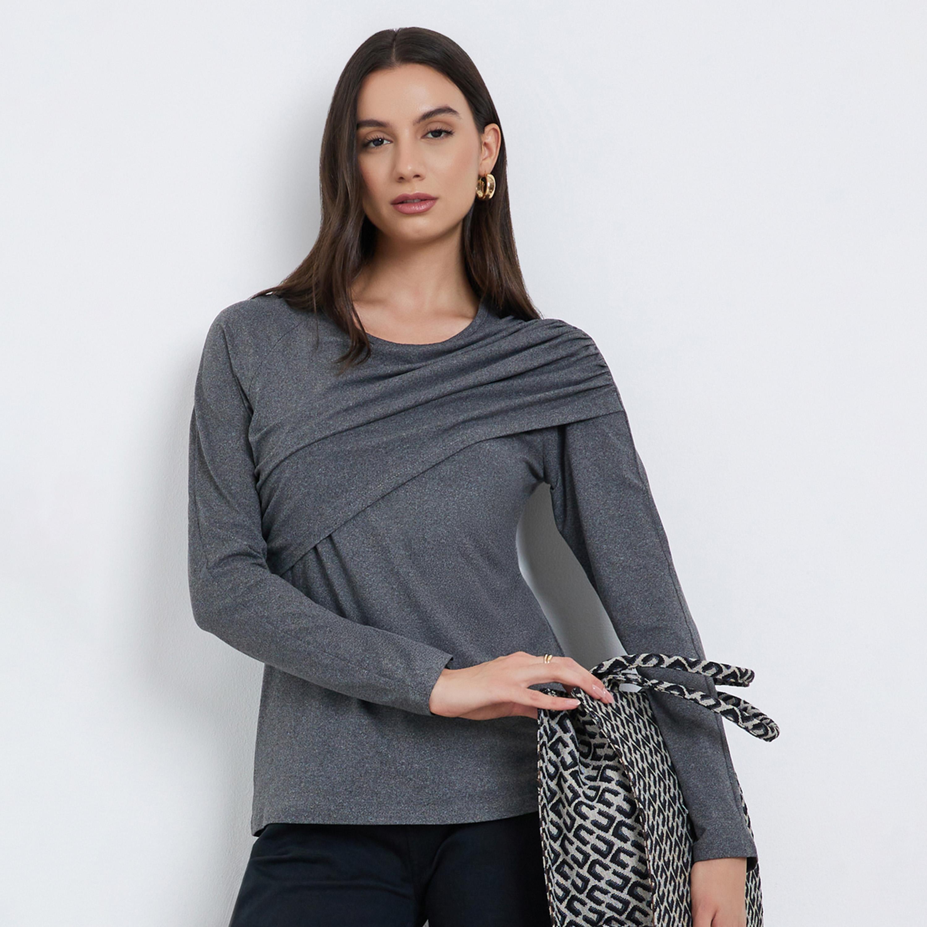 Take Two Women Grey Solid Ruched Detail Long Sleeve Top-women-clothing-shirtsandblouses-blouses-image-1