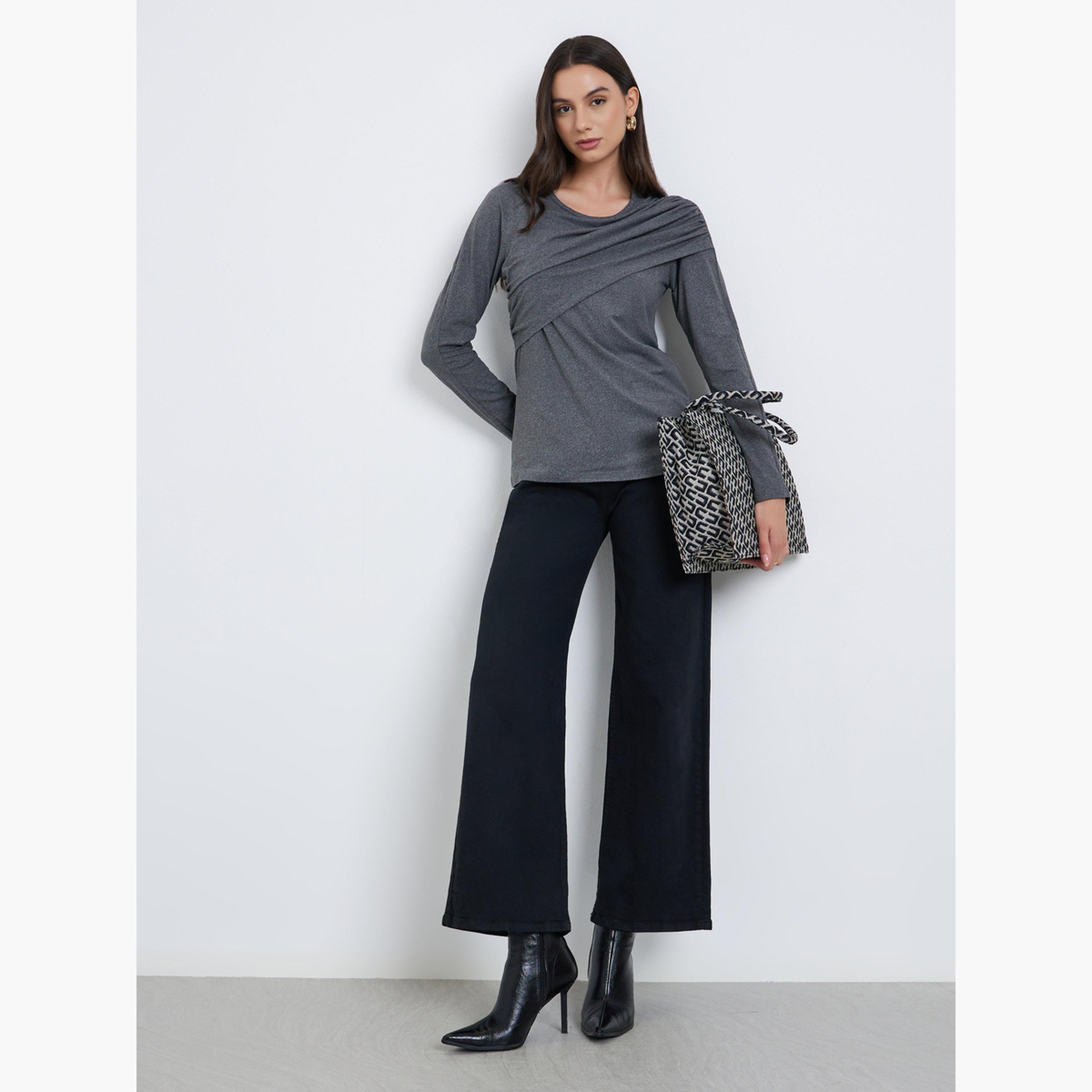 Take Two Women Grey Solid Ruched Detail Long Sleeve Top-women-clothing-shirtsandblouses-blouses-image-2