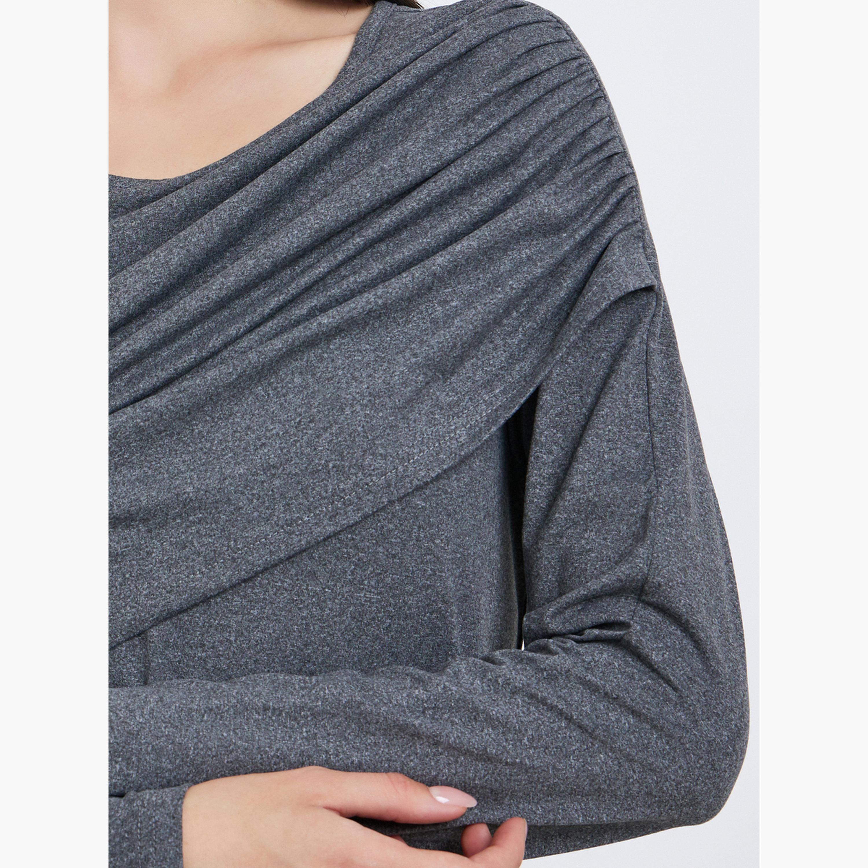 تيك تو - بلوزة نسائية رمادية سادة بأكمام طويلة وتفاصيل مجعدة-women-clothing-shirtsandblouses-blouses-image-3