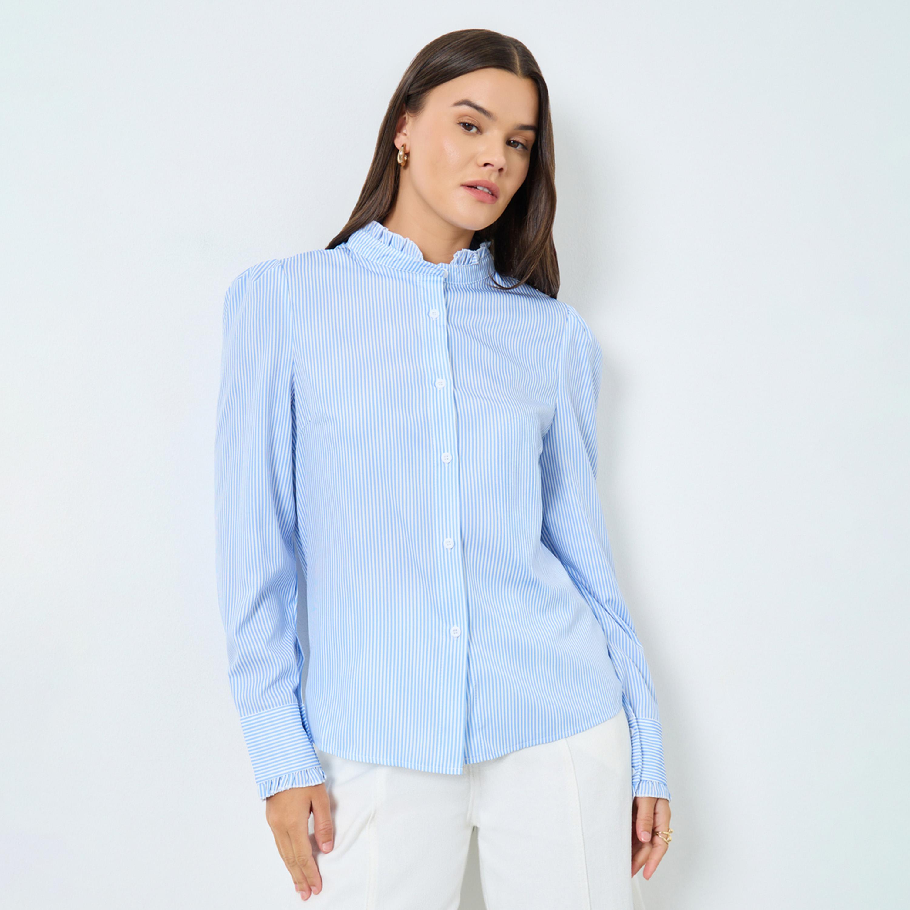 Take Two Blue Striped Ruffle Collar Shirt-women-clothing-shirtsandblouses-shirts-image-1