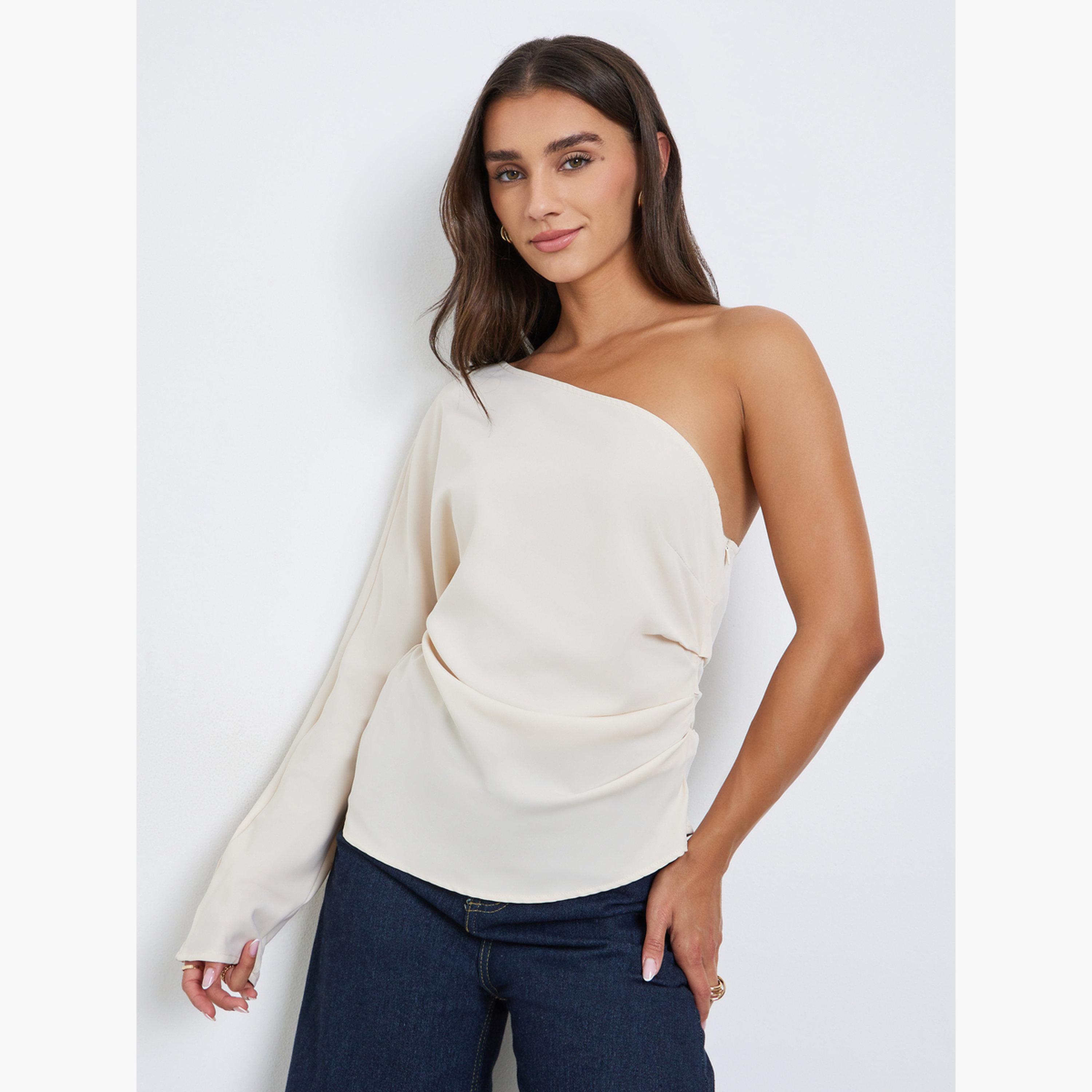 Styli Asymmetric One Sleeve Blouse with Draped Detail-women-clothing-shirtsandblouses-blouses-image-1
