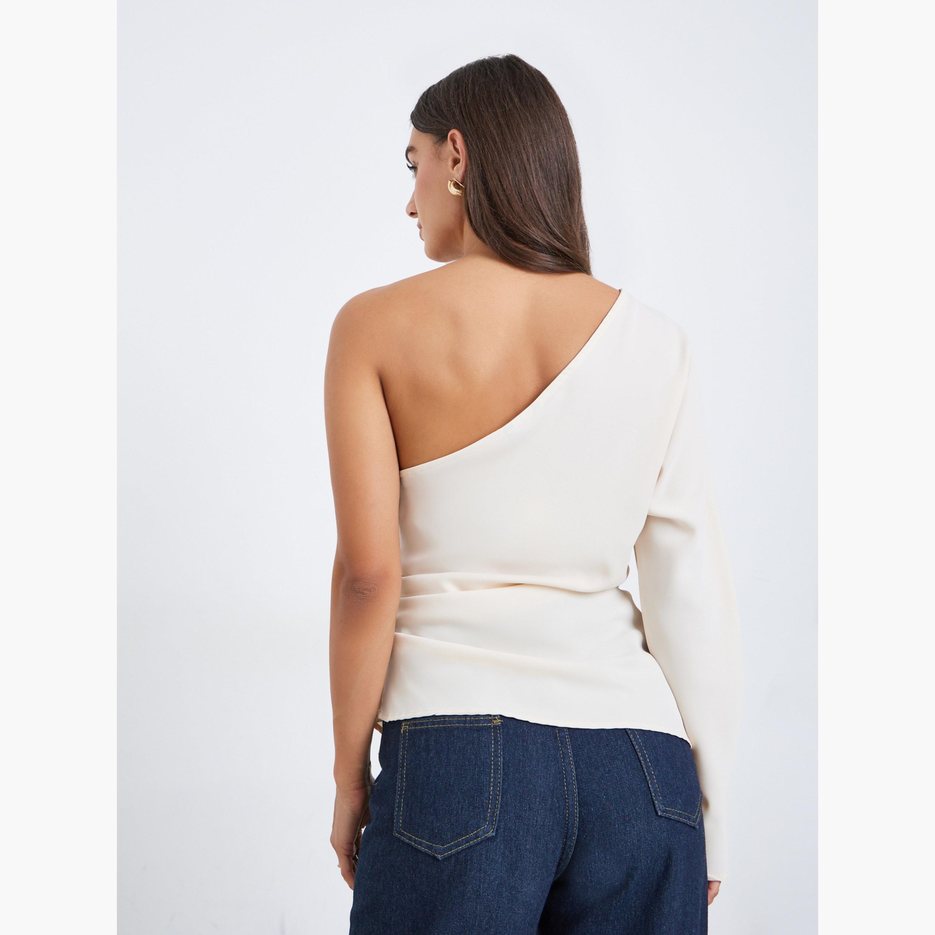 ستايلي - بلوزة بكتف واحد وطيات-women-clothing-shirtsandblouses-blouses-image-4