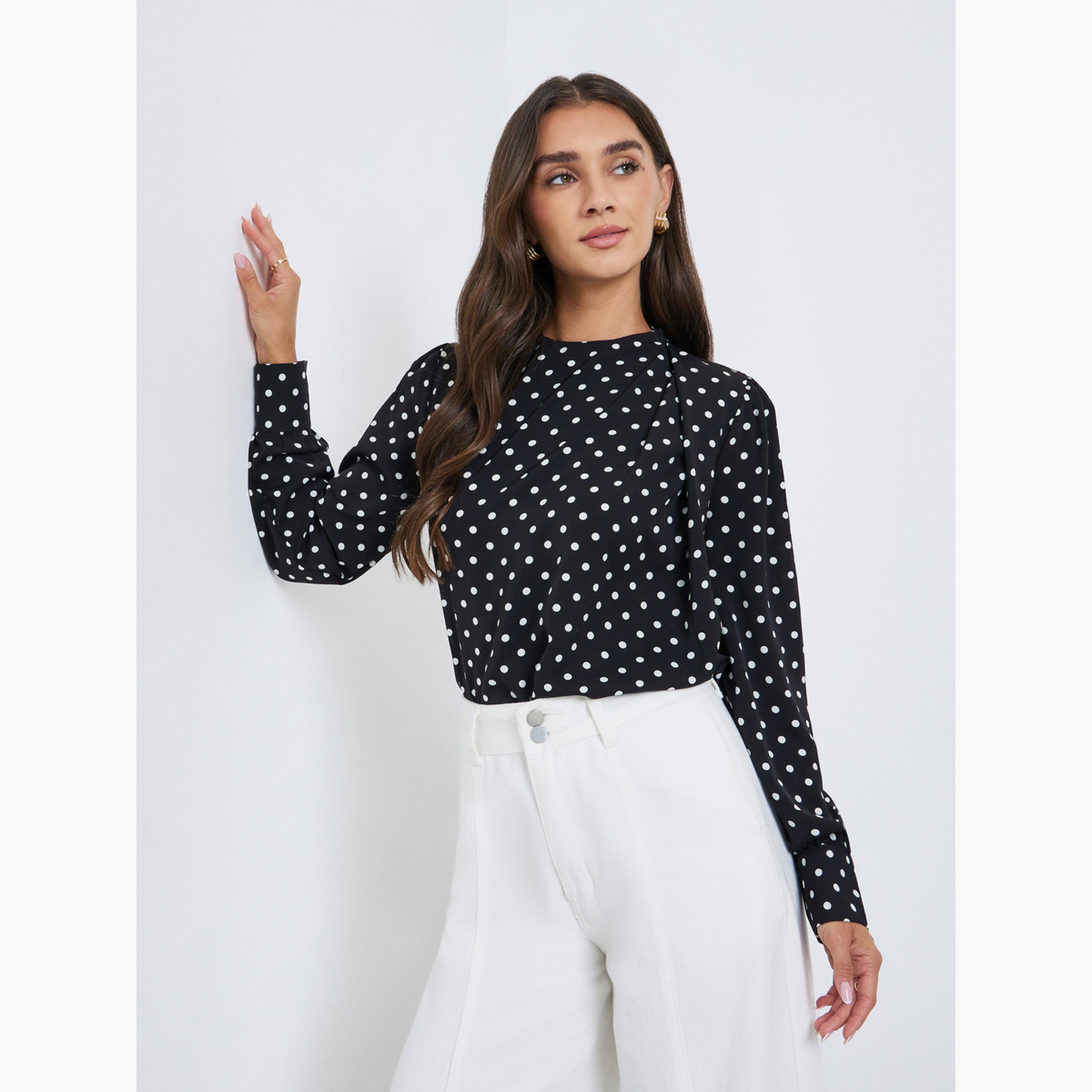 Styli Polka Dot Long Sleeve Pleated Blouse-women-clothing-shirtsandblouses-blouses-image-1