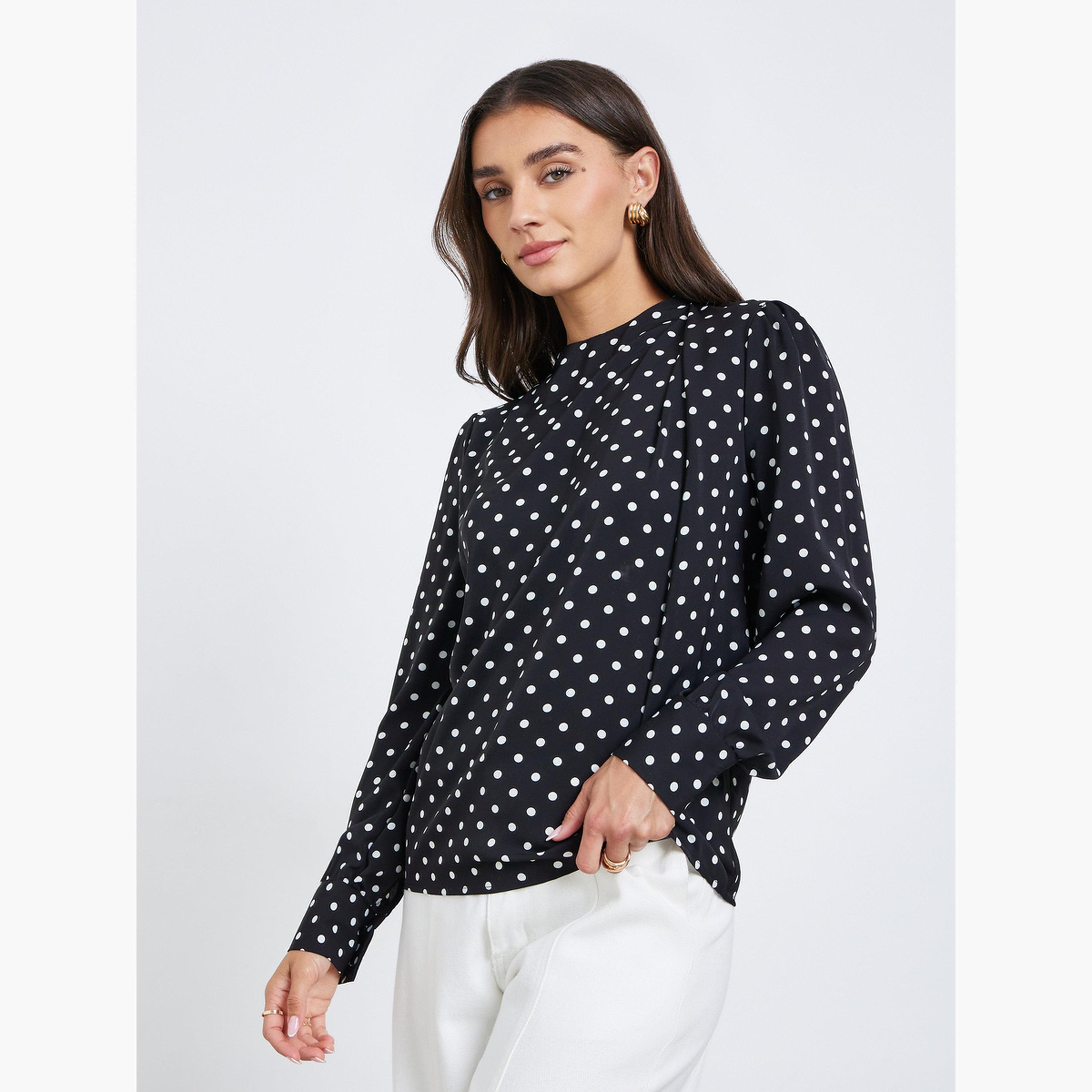 Styli Polka Dot Long Sleeve Pleated Blouse-women-clothing-shirtsandblouses-blouses-image-3