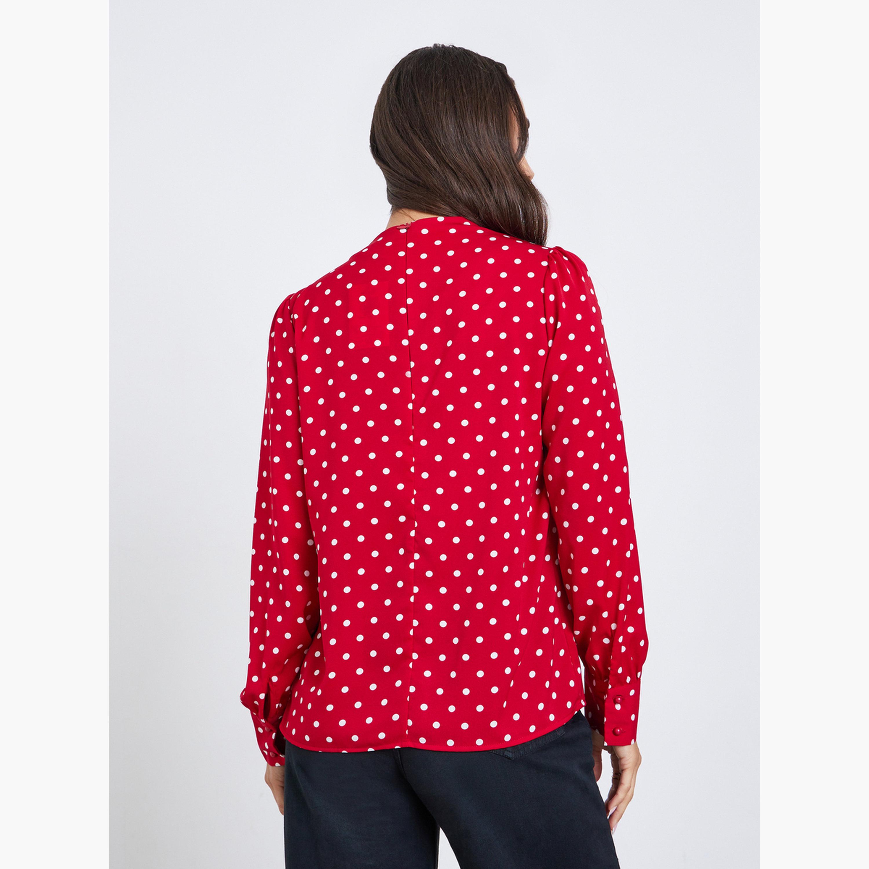 Styli Polka Dot Long Sleeve Pleated Blouse-women-clothing-shirtsandblouses-blouses-image-4