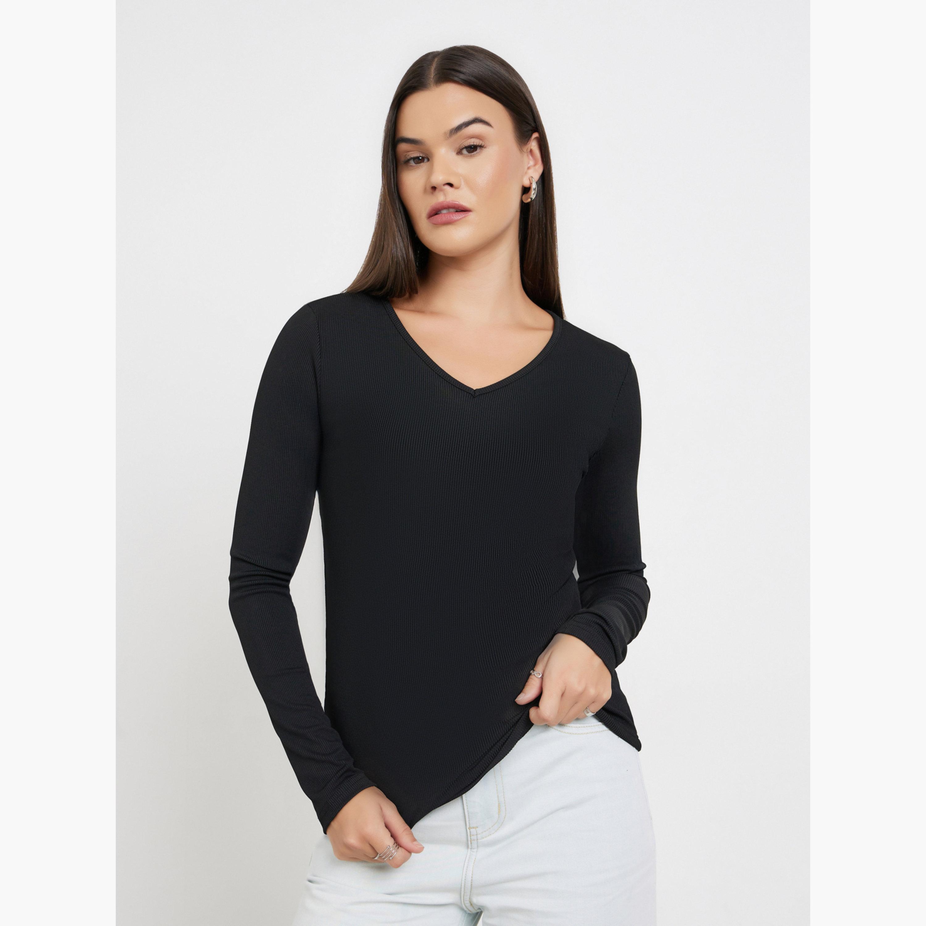 ستايلي - بلوزة محبوكة بأكمام طويلة باللون الأسود للنساء-women-clothing-tshirts-image-1