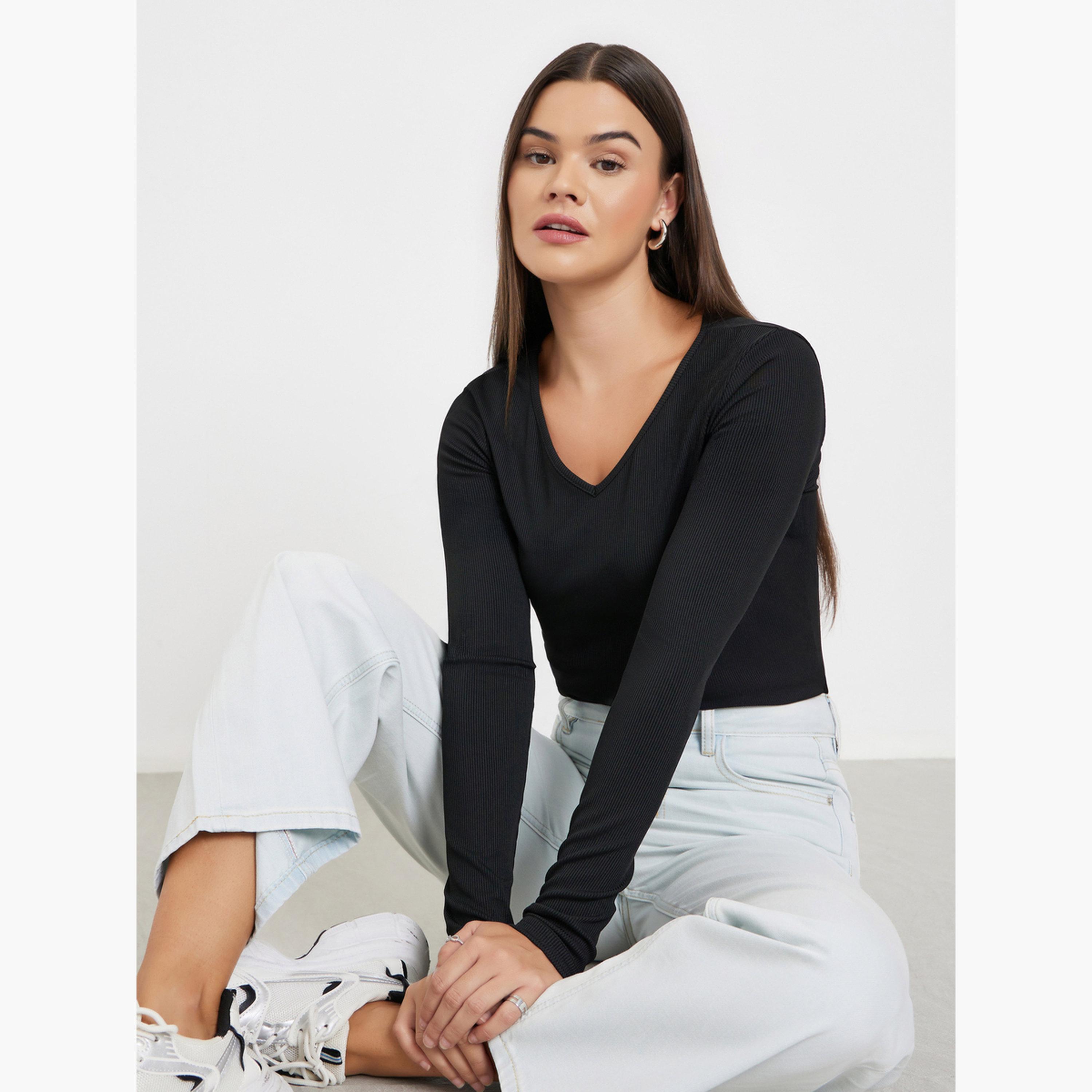 ستايلي - بلوزة محبوكة بأكمام طويلة باللون الأسود للنساء-women-clothing-tshirts-image-3