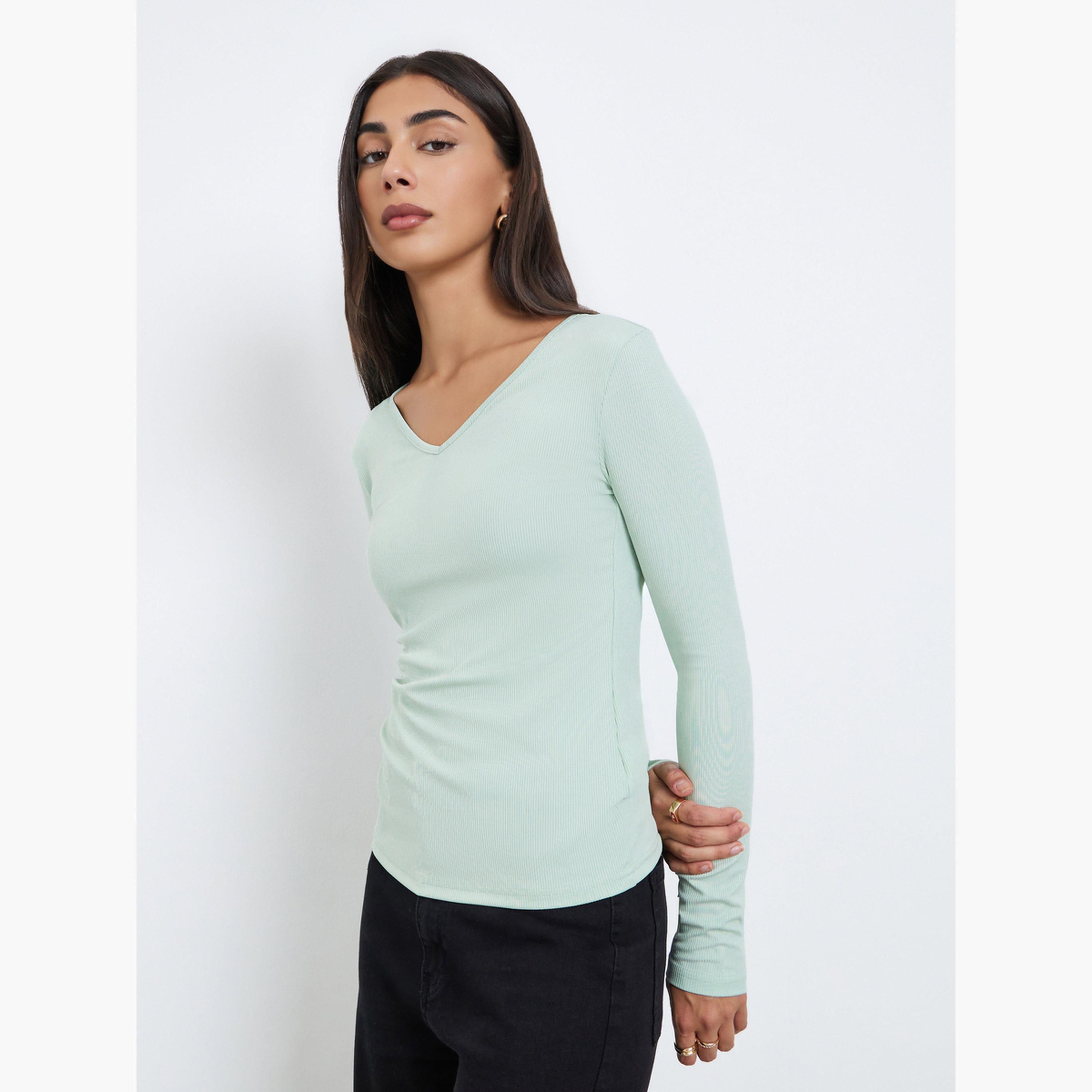 ستايلي - بلوزة بأكمام طويلة ومضلعة لون أخضر نعناعي للنساء-women-clothing-tshirts-image-1