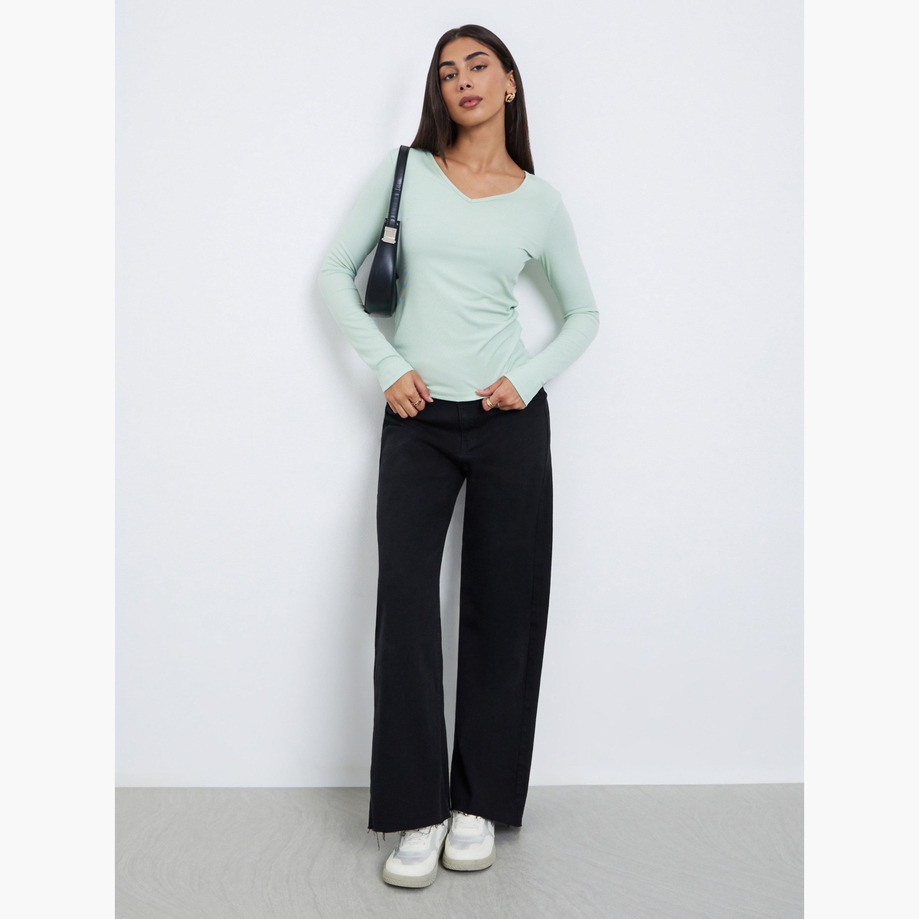 ستايلي - بلوزة بأكمام طويلة ومضلعة لون أخضر نعناعي للنساء-women-clothing-tshirts-image-2
