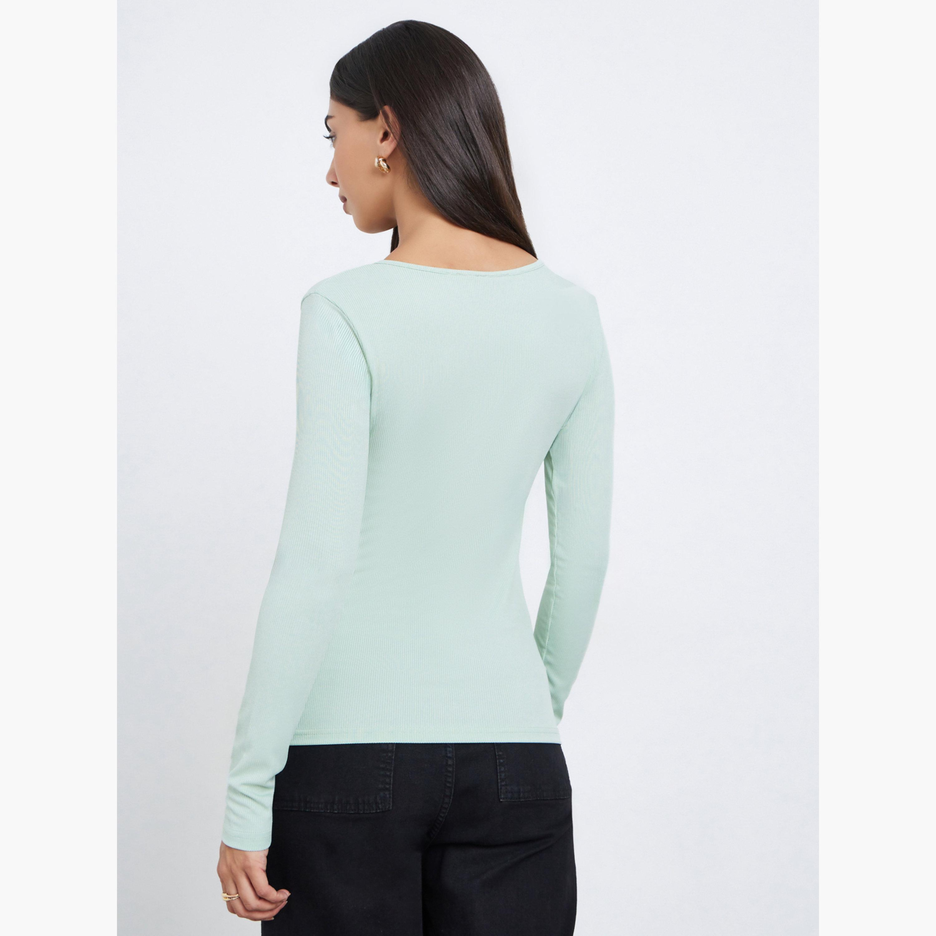 ستايلي - بلوزة بأكمام طويلة ومضلعة لون أخضر نعناعي للنساء-women-clothing-tshirts-image-4