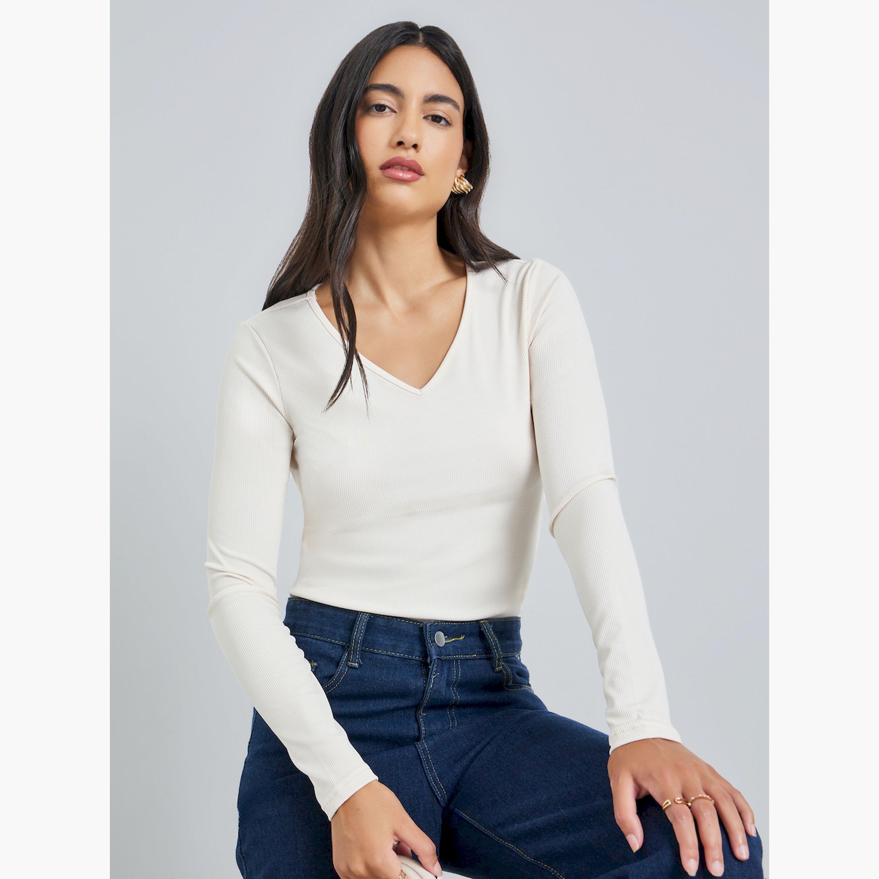 ستايلي - بلوزة بأكمام طويلة محبوكة مضلعة لون أبيض كريمي-women-clothing-tshirts-image-3