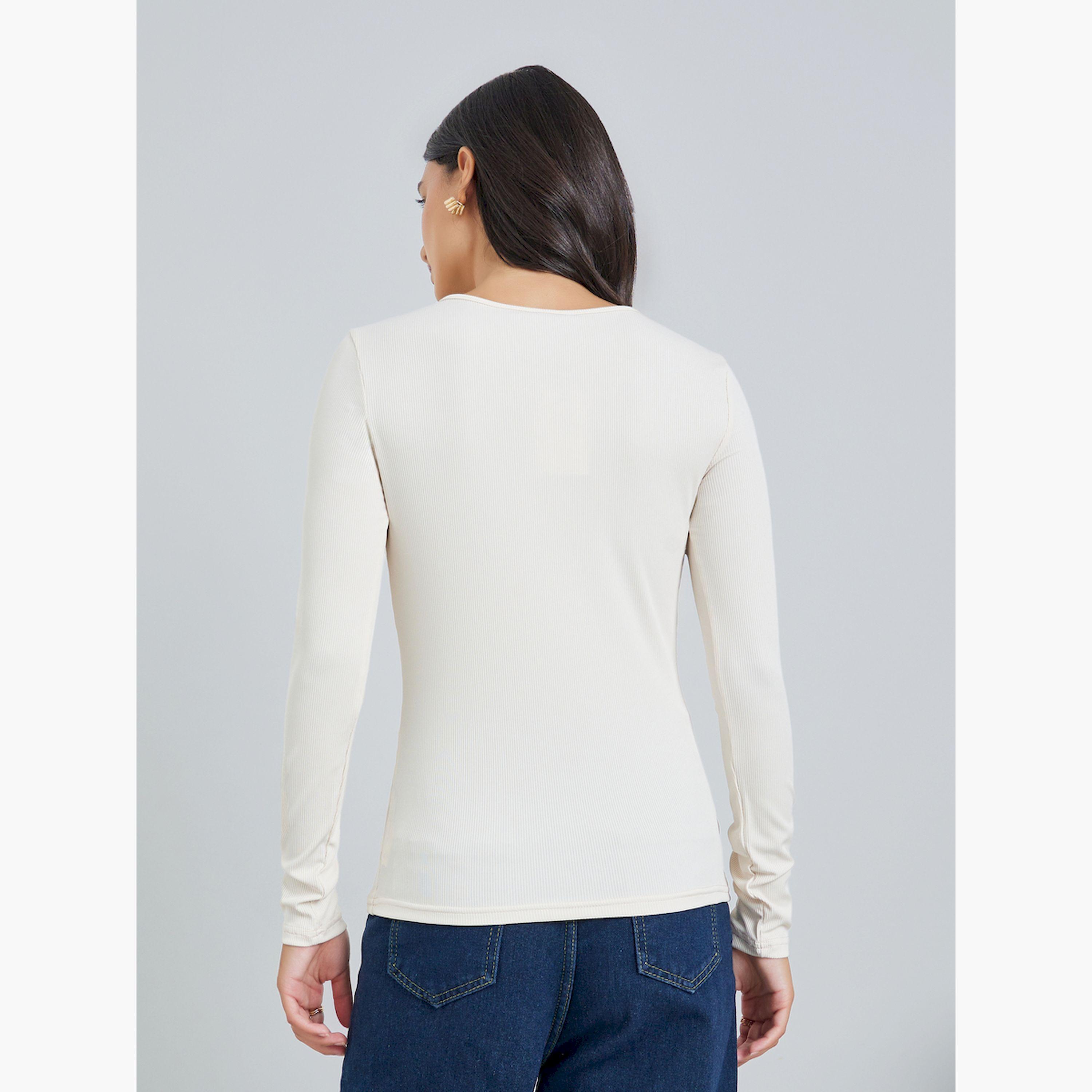 Styli Off-White Ribbed Knit Long Sleeve Top-women-clothing-tshirts-image-4