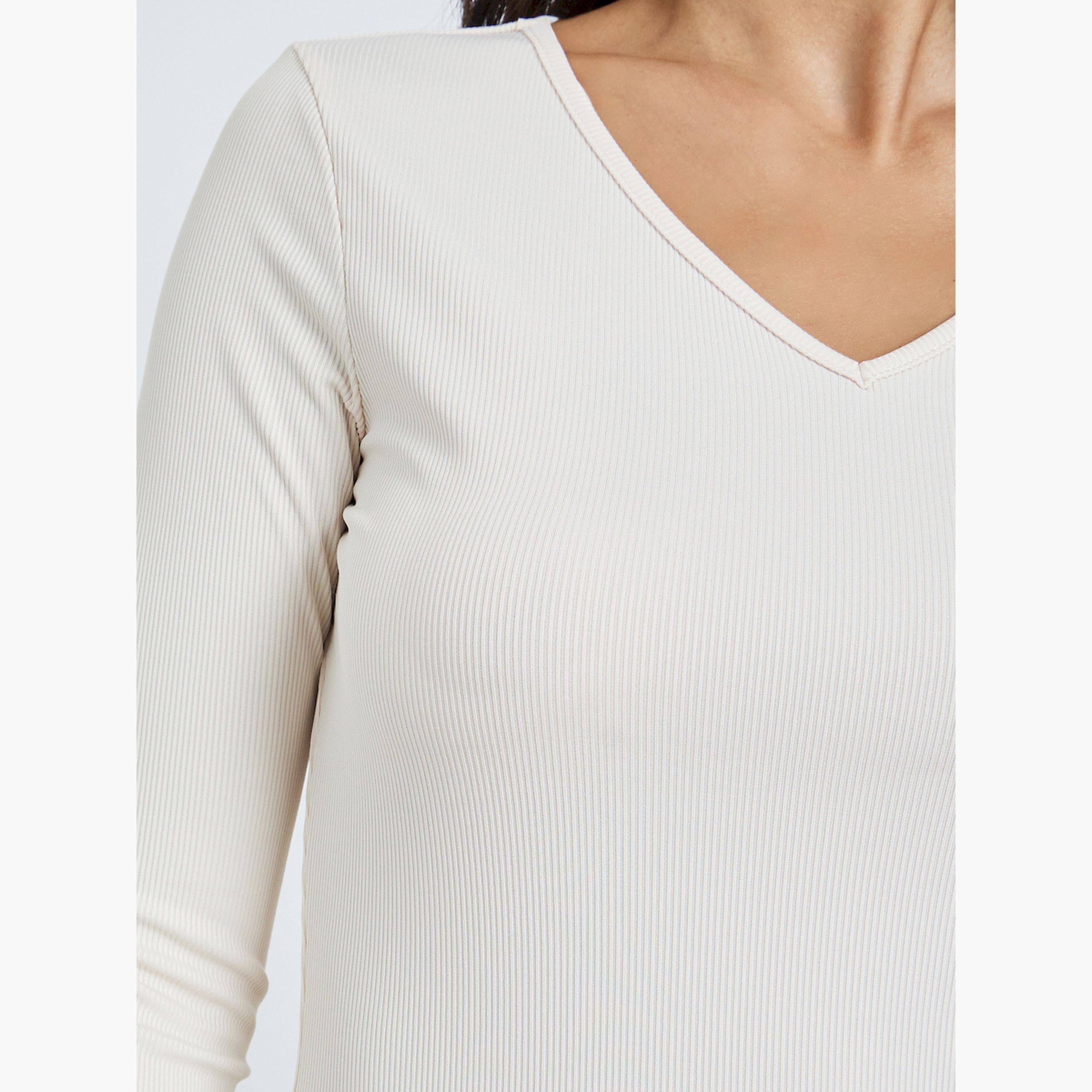 ستايلي - بلوزة بأكمام طويلة محبوكة مضلعة لون أبيض كريمي-women-clothing-tshirts-image-5