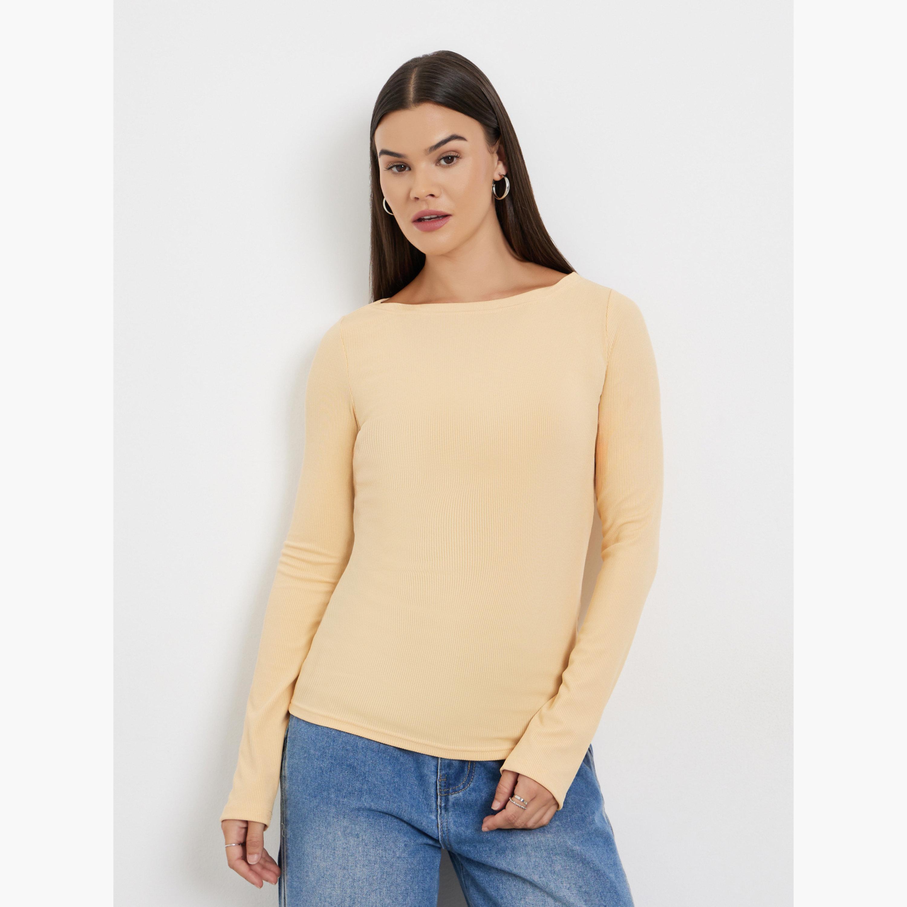 ستايلي - بلوزة بيج مضلعة بفتحة رقبة للنساء-women-clothing-tshirts-image-1