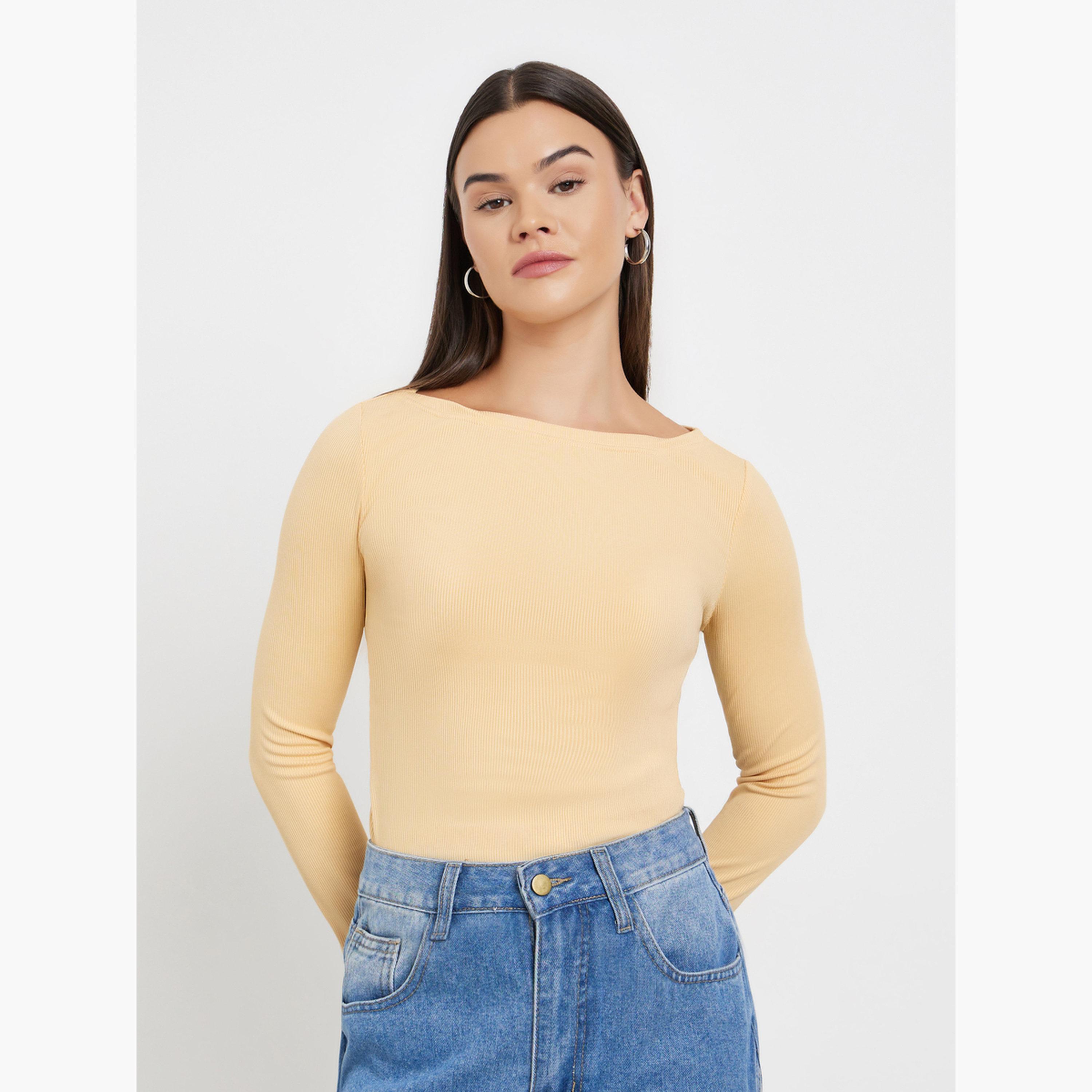 ستايلي - بلوزة بيج مضلعة بفتحة رقبة للنساء-women-clothing-tshirts-image-3