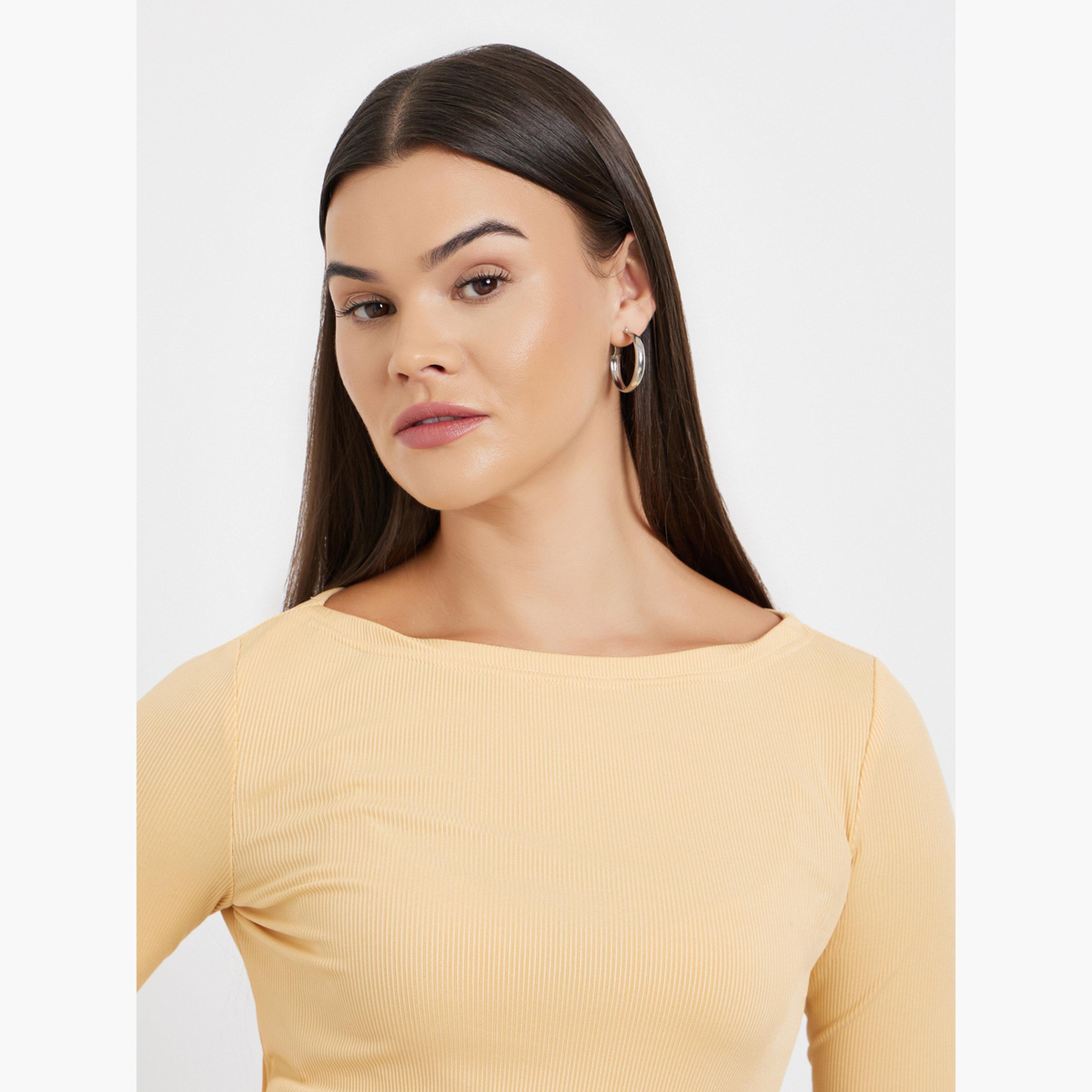 ستايلي - بلوزة بيج مضلعة بفتحة رقبة للنساء-women-clothing-tshirts-image-4