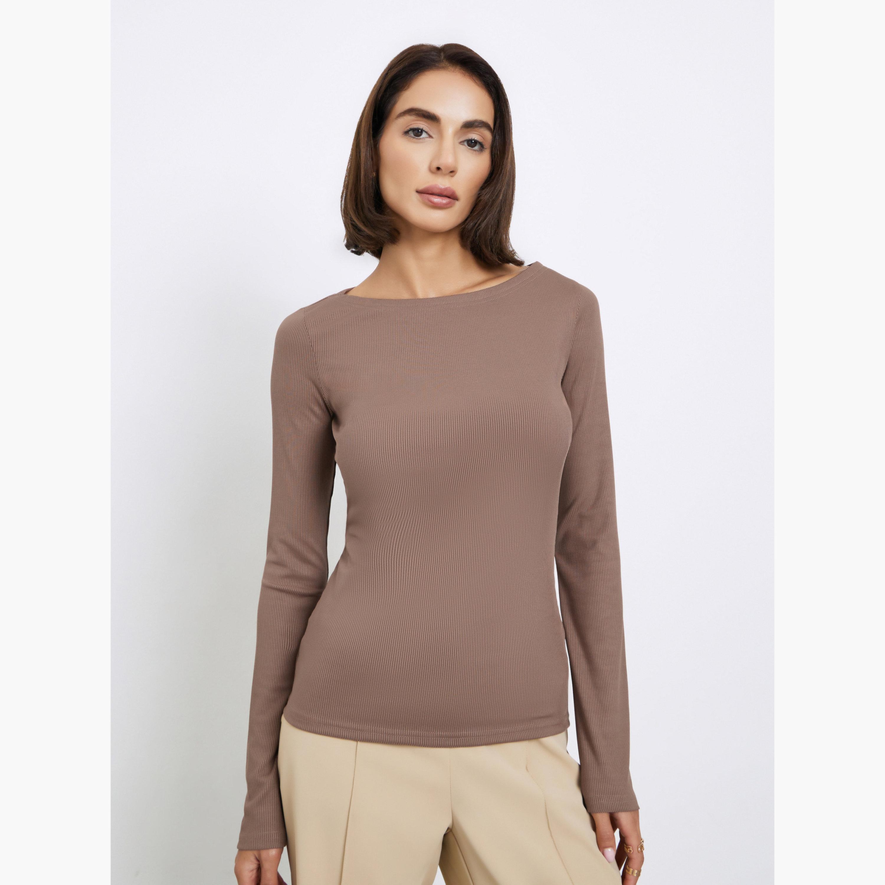 ستايلي - بلوزة محبوكة بأكمام طويلة ومضلعة باللون البني للنساء-women-clothing-tshirts-image-1