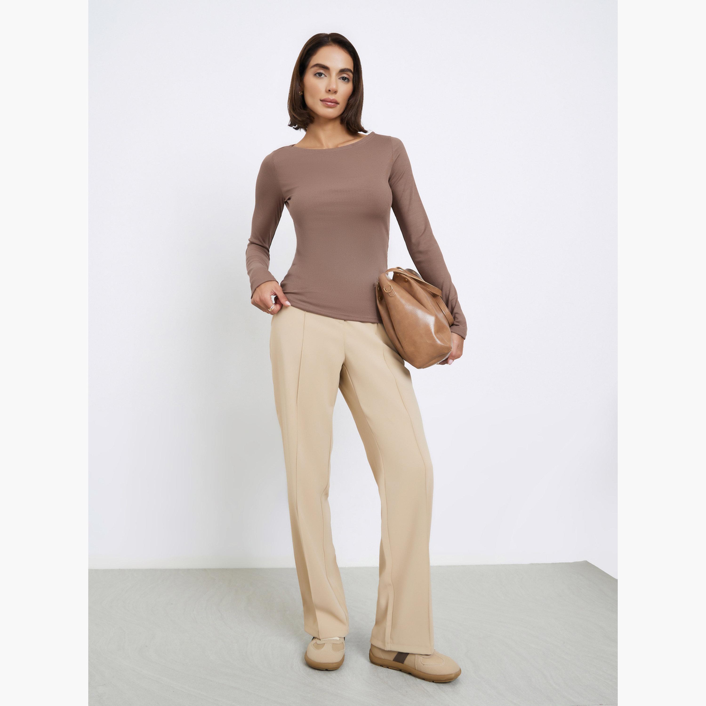ستايلي - بلوزة محبوكة بأكمام طويلة ومضلعة باللون البني للنساء-women-clothing-tshirts-image-2