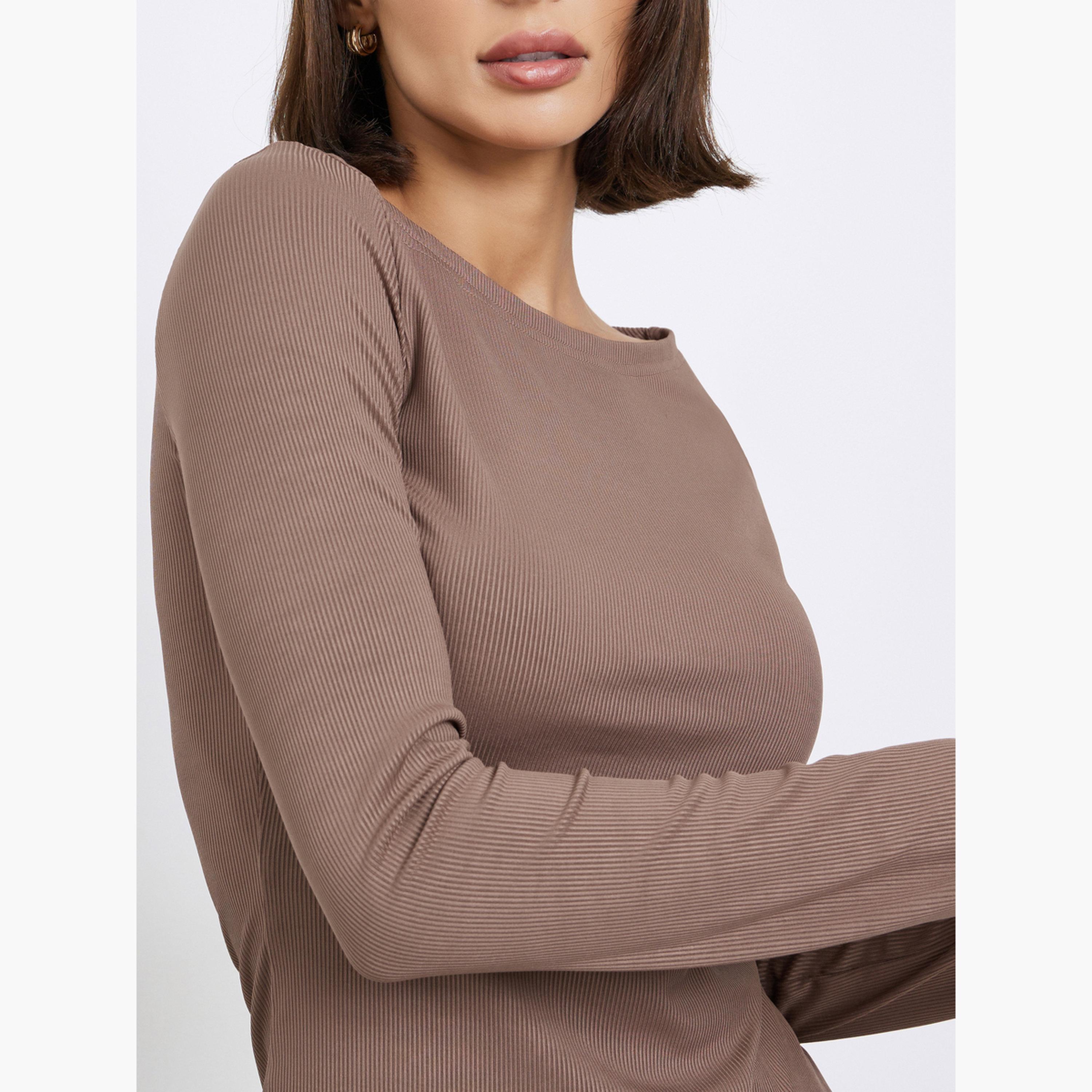 ستايلي - بلوزة محبوكة بأكمام طويلة ومضلعة باللون البني للنساء-women-clothing-tshirts-image-4