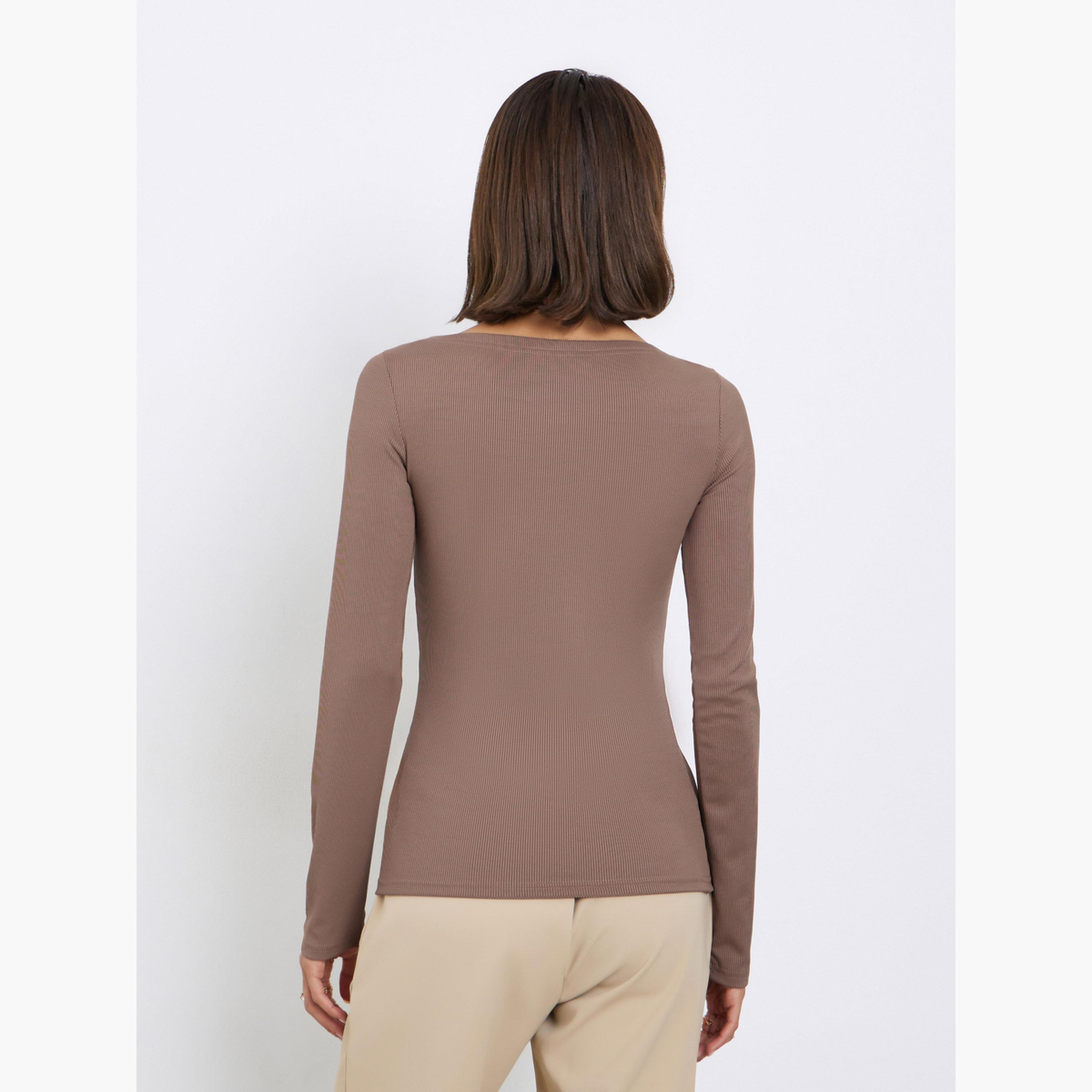 Styli Women Brown Ribbed Long Sleeve Knit Top-women-clothing-tshirts-image-5