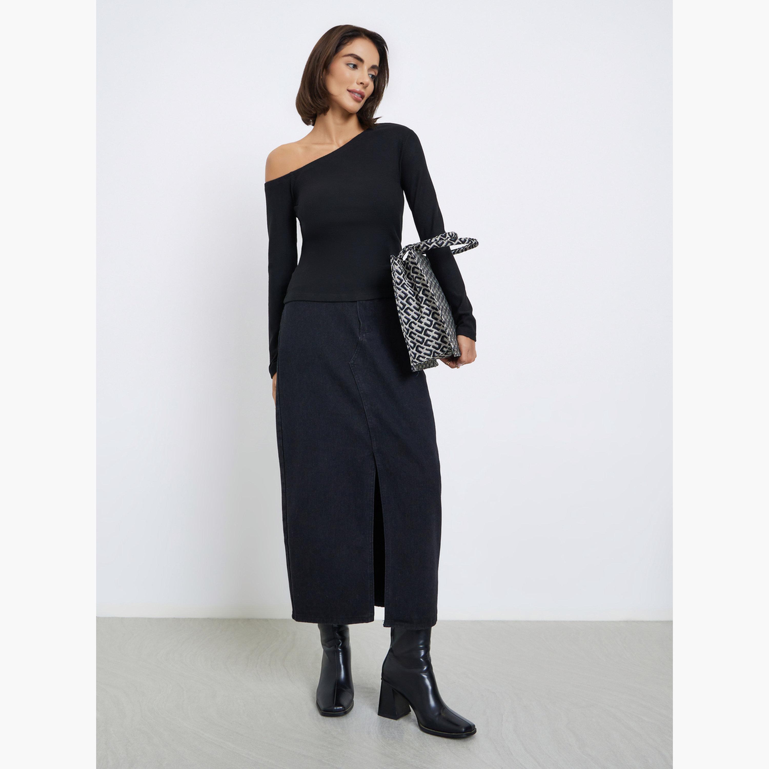 Styli Women Black Asymmetric Neck Knit Top-women-clothing-tshirts-image-2