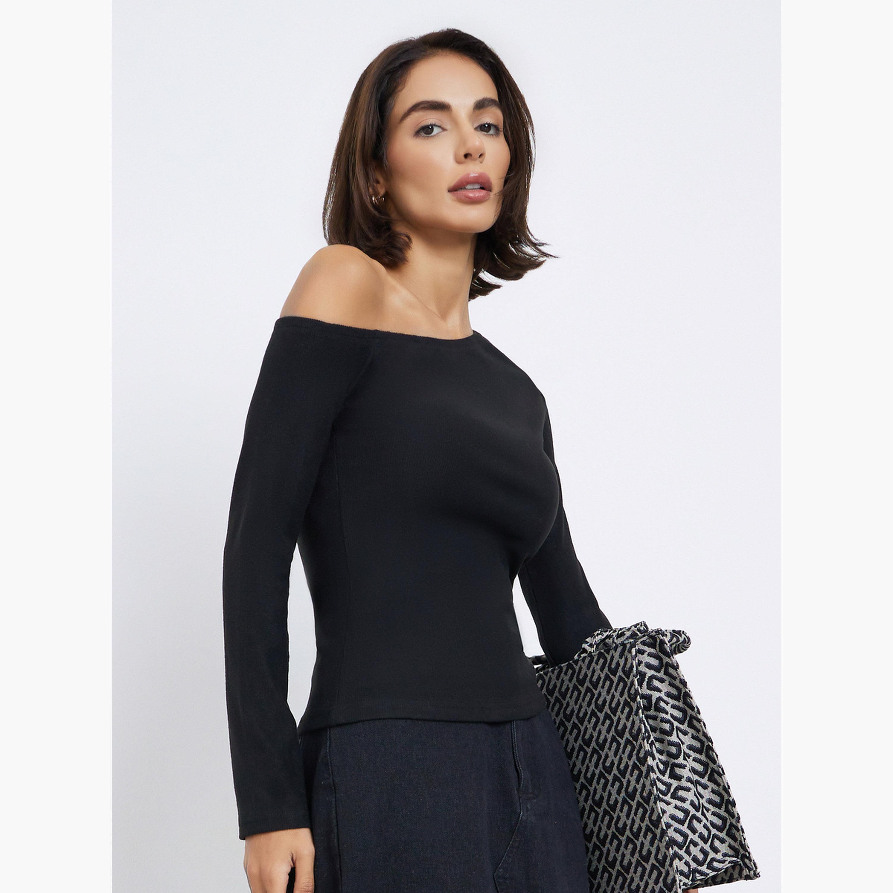 Styli Women Black Asymmetric Neck Knit Top-women-clothing-tshirts-image-3