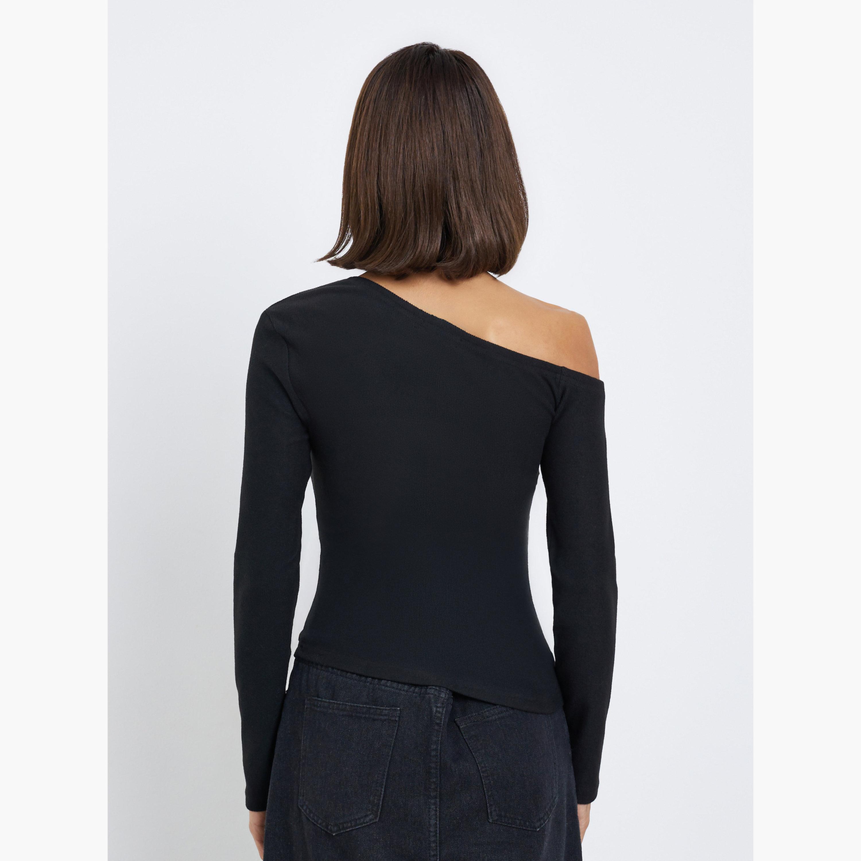 Styli Women Black Asymmetric Neck Knit Top-women-clothing-tshirts-image-5