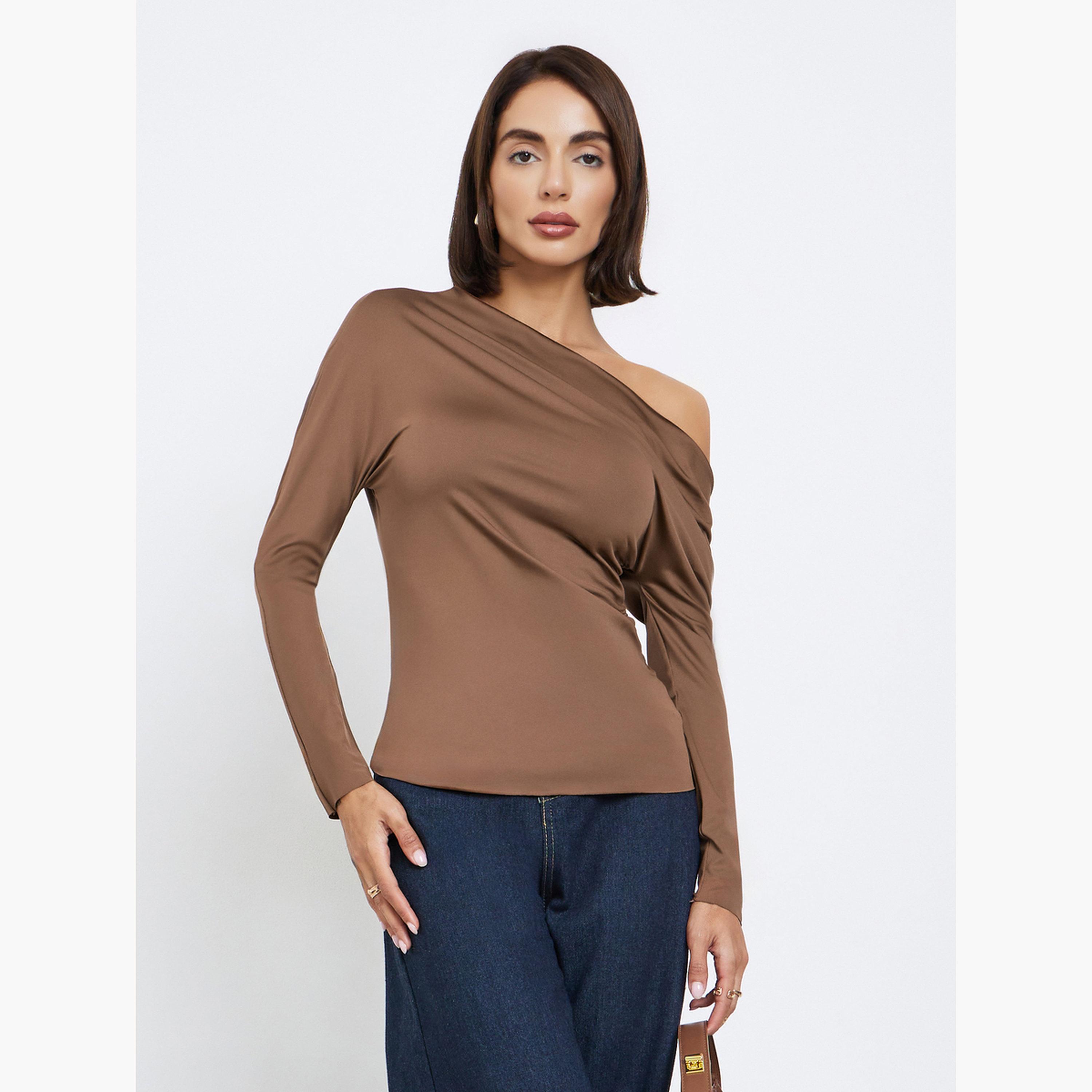Styli Brown One-Shoulder Blouse-women-clothing-tshirts-image-1