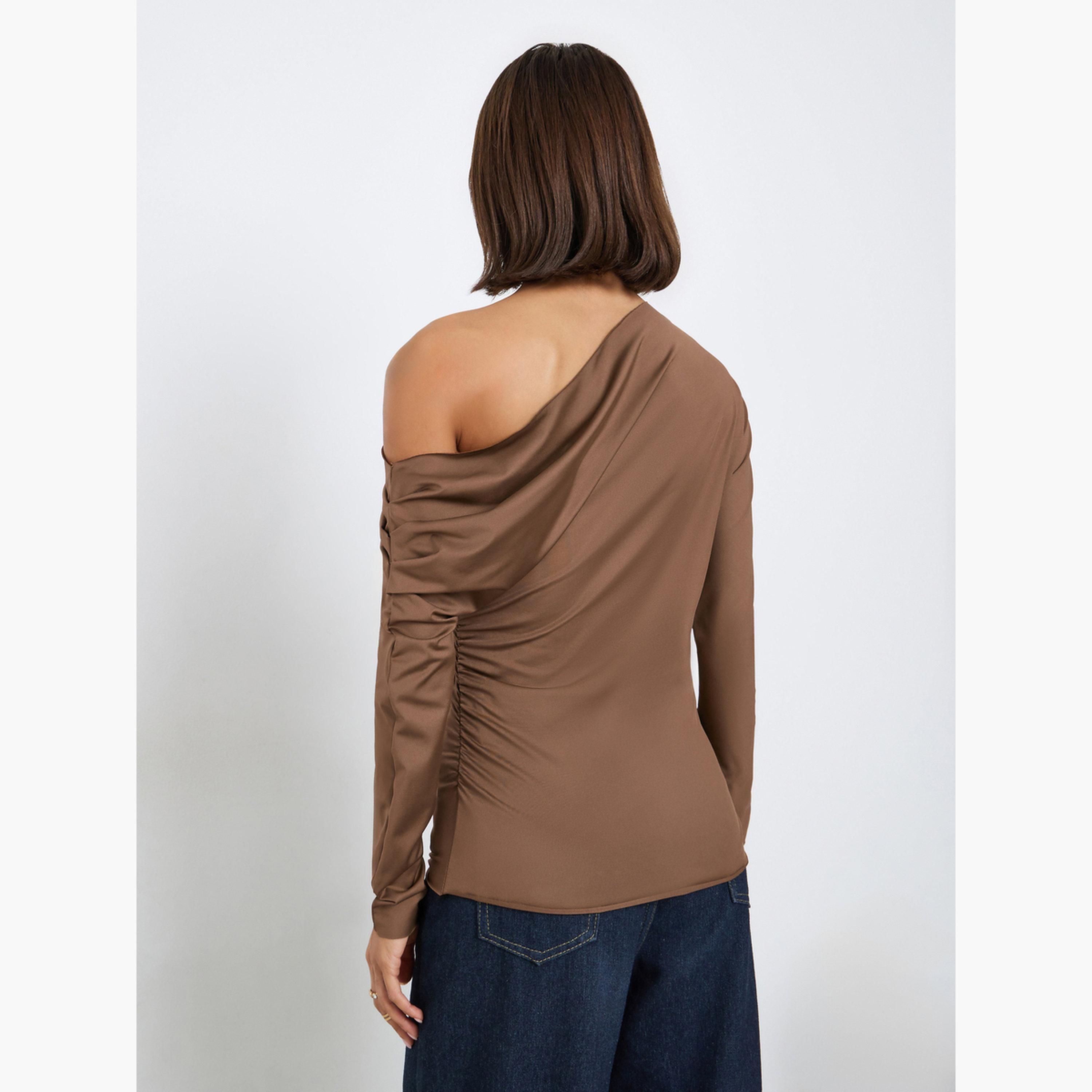 ستايلي - بلوزة لون بني بكتف واحد-women-clothing-tshirts-image-3
