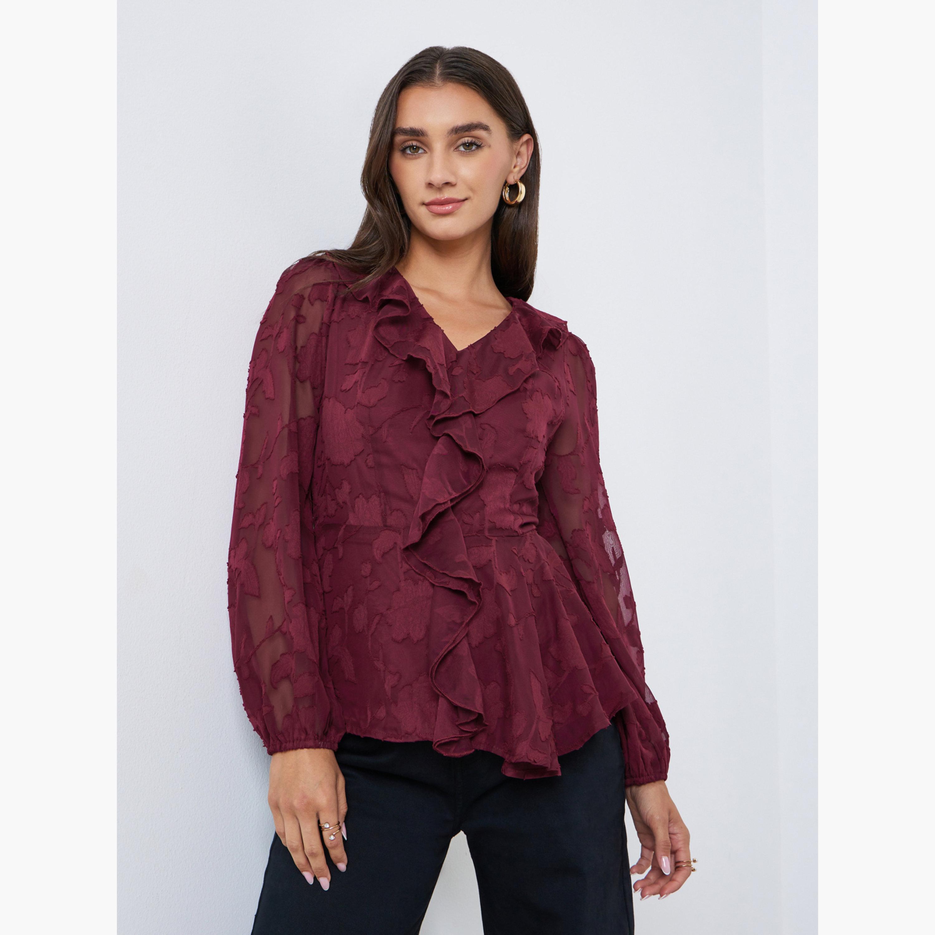 ستايلي - بلوزة بأكمام طويلة وكشكش لون مارون-women-clothing-shirtsandblouses-blouses-image-1