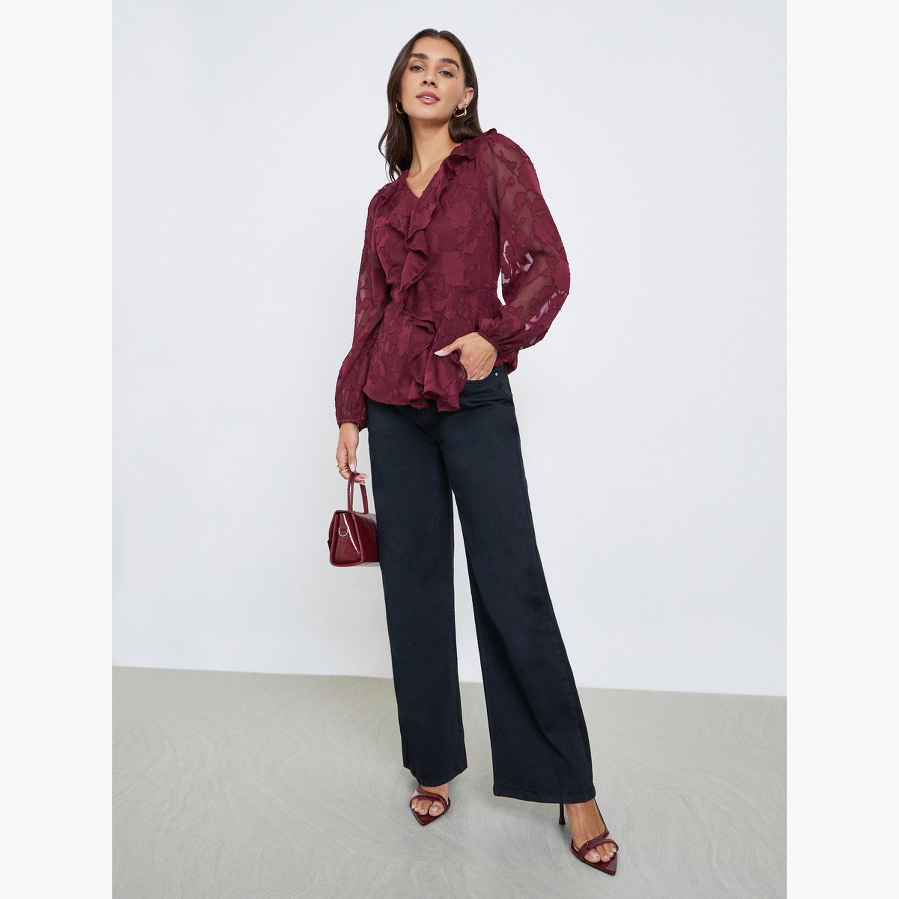 ستايلي - بلوزة بأكمام طويلة وكشكش لون مارون-women-clothing-shirtsandblouses-blouses-image-2