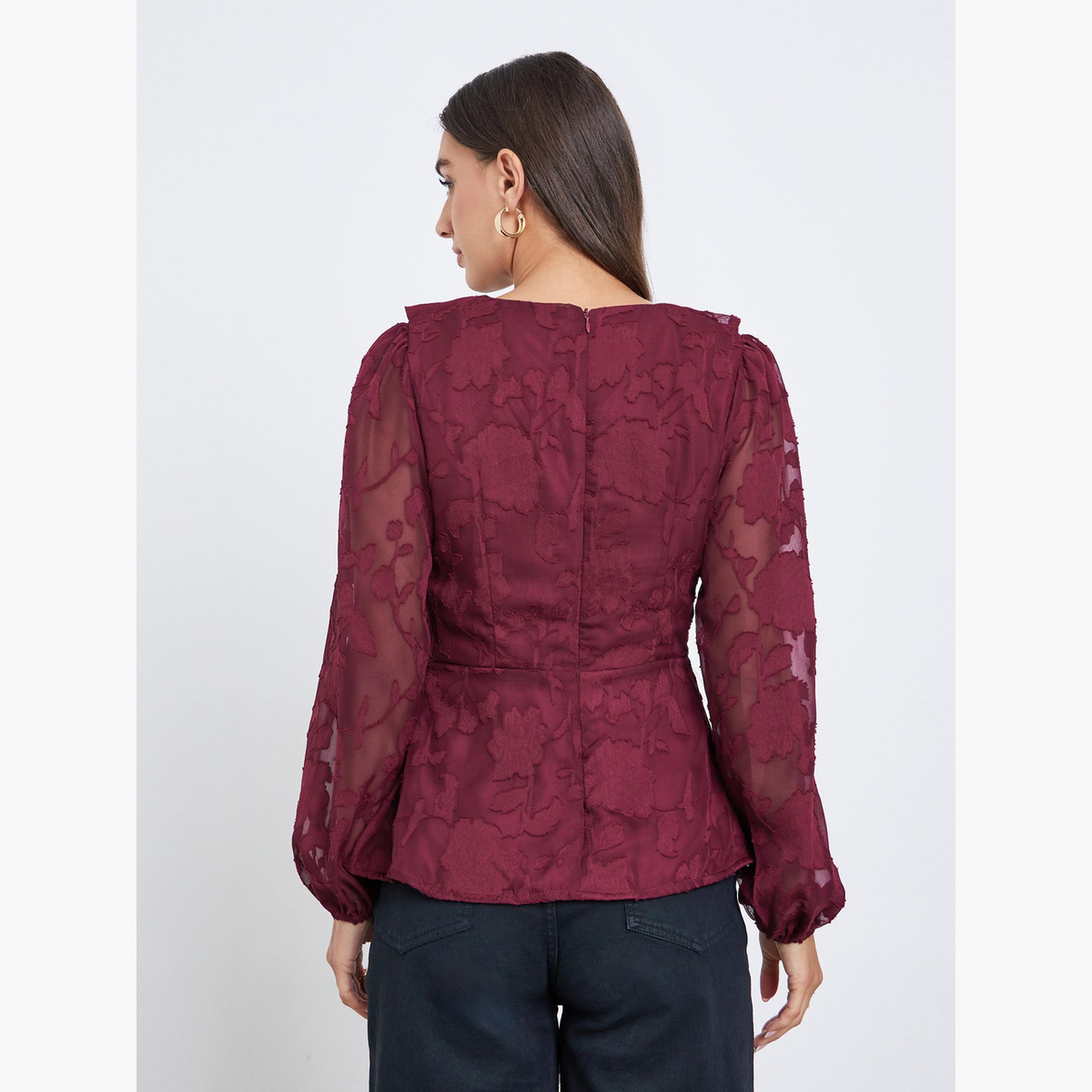 ستايلي - بلوزة بأكمام طويلة وكشكش لون مارون-women-clothing-shirtsandblouses-blouses-image-3