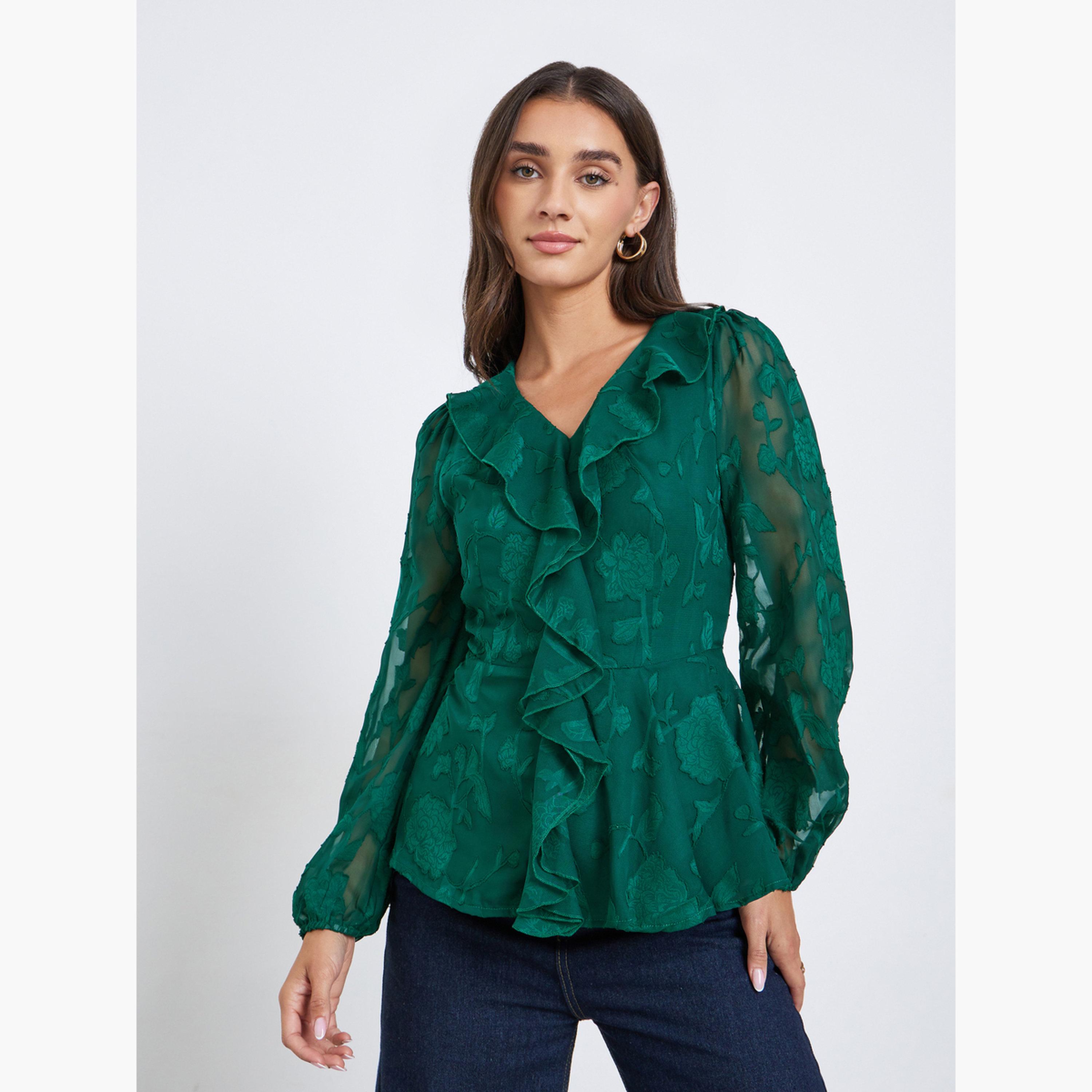 ستايلي - بلوزة بأكمام طويلة وكشكش لون أخضر زمردي-women-clothing-shirtsandblouses-blouses-image-1
