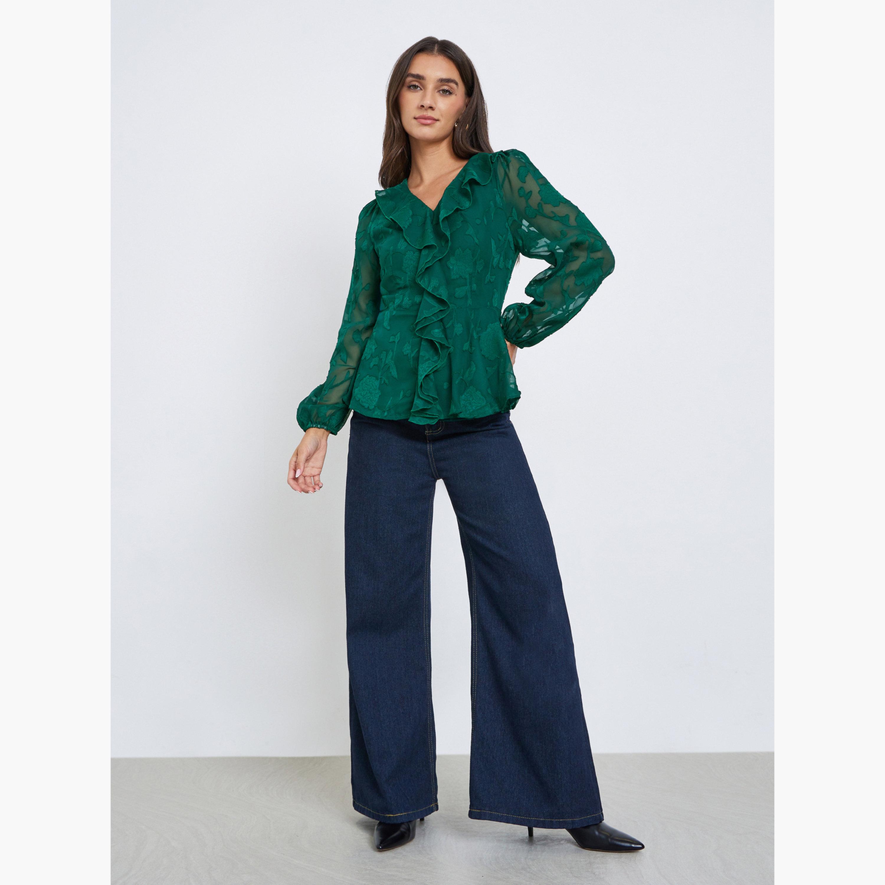 ستايلي - بلوزة بأكمام طويلة وكشكش لون أخضر زمردي-women-clothing-shirtsandblouses-blouses-image-2