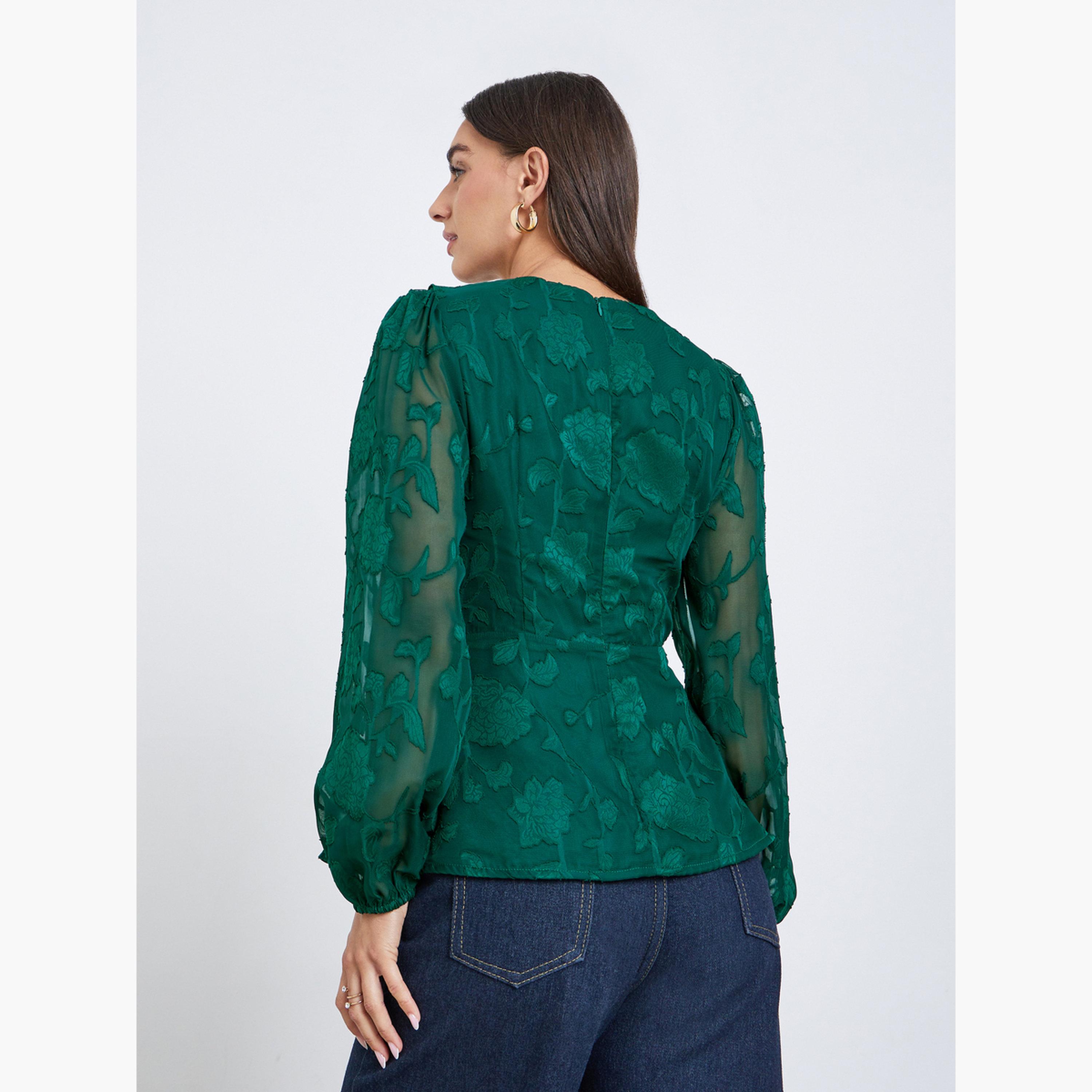 ستايلي - بلوزة بأكمام طويلة وكشكش لون أخضر زمردي-women-clothing-shirtsandblouses-blouses-image-3