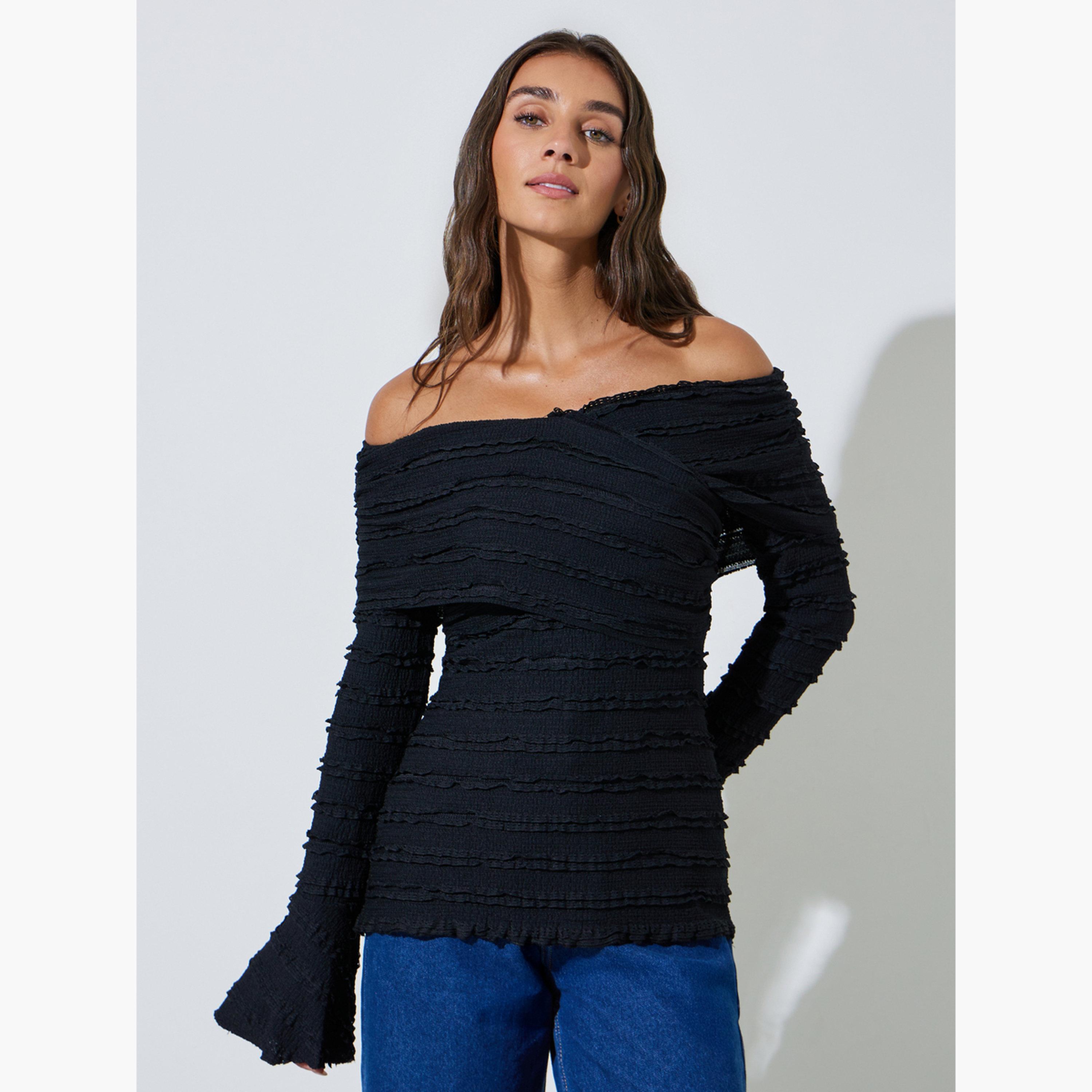 Styli Black Ruffled Long Sleeve Crisscross Blouse-women-clothing-shirtsandblouses-blouses-image-1
