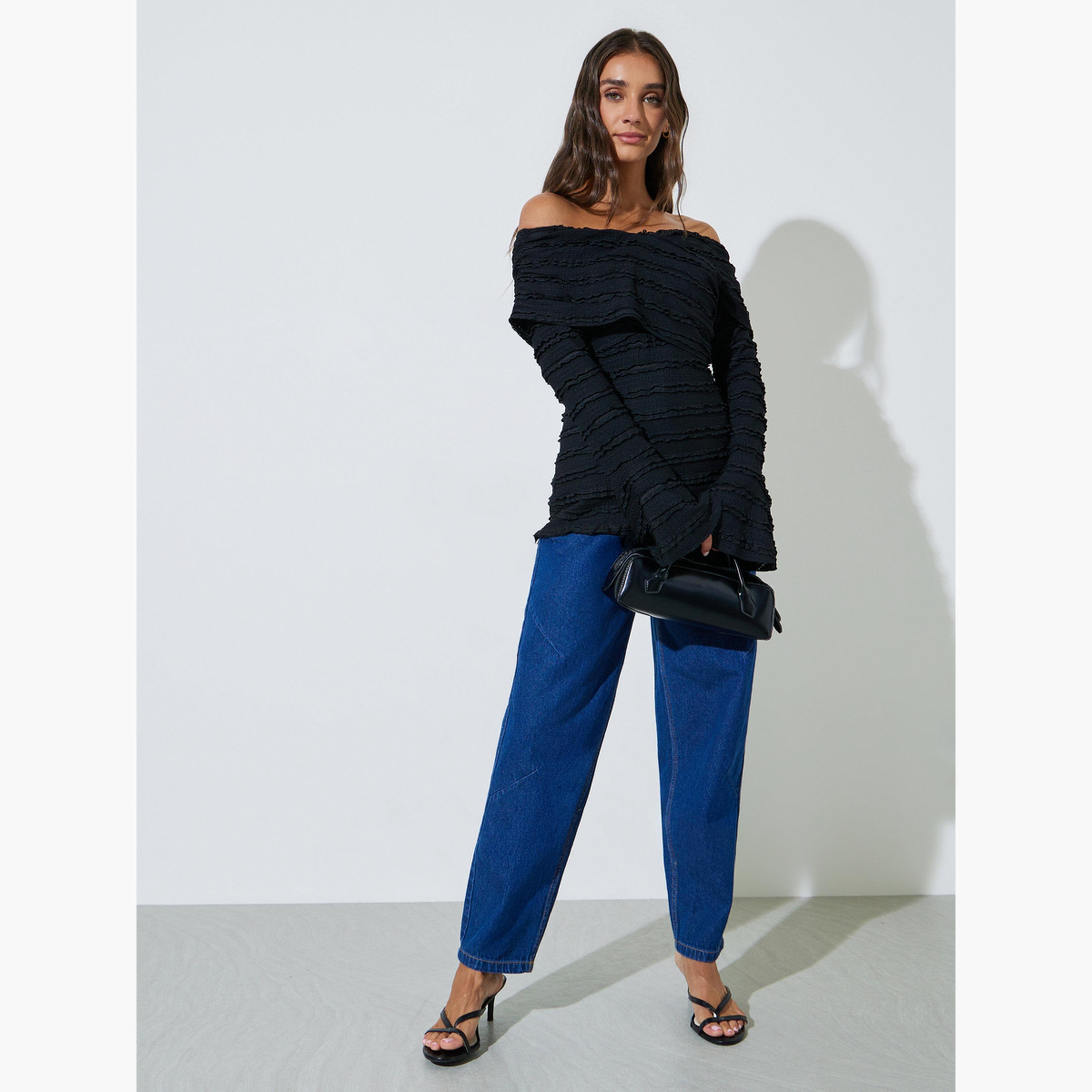 Styli Black Ruffled Long Sleeve Crisscross Blouse-women-clothing-shirtsandblouses-blouses-image-2