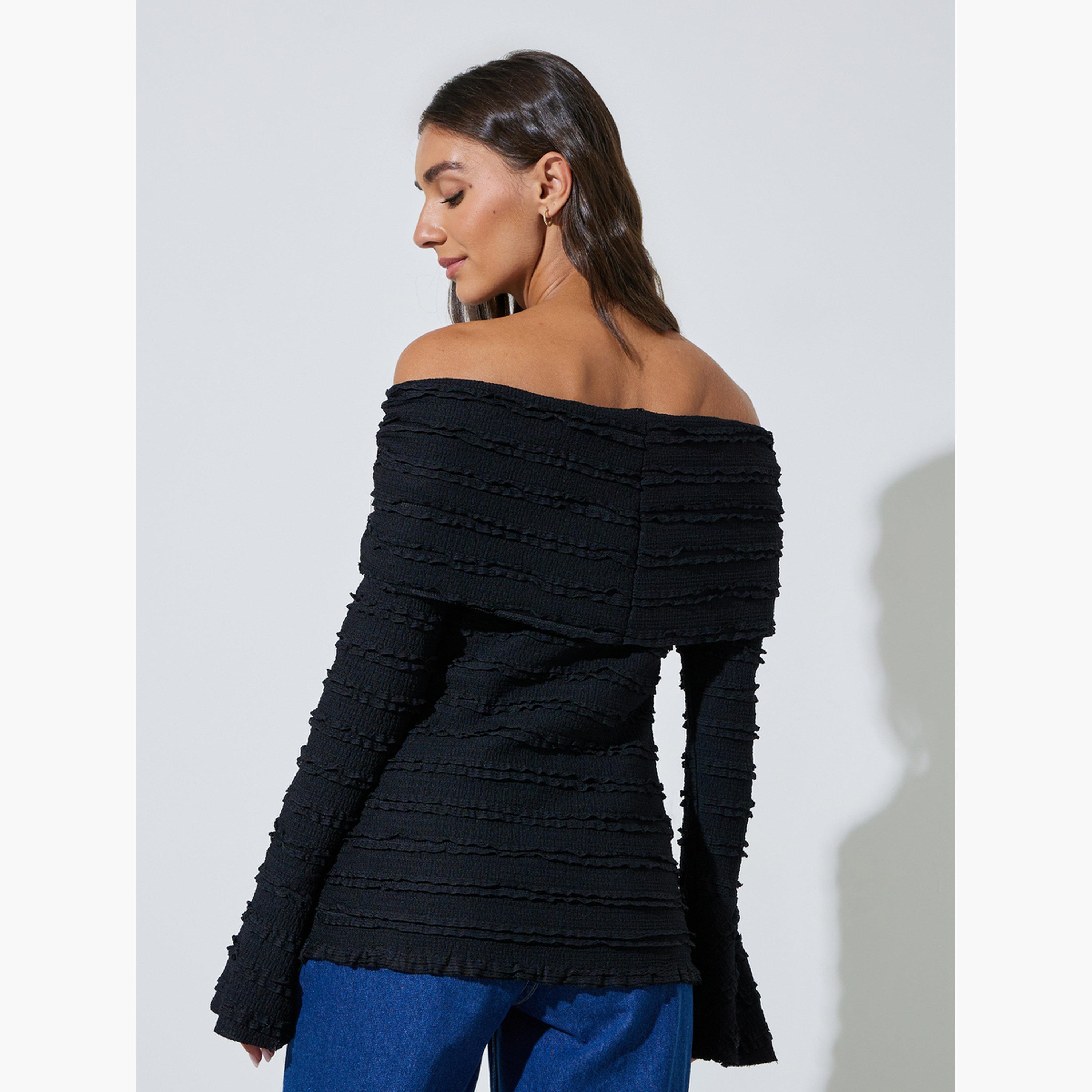 Styli Black Ruffled Long Sleeve Crisscross Blouse-women-clothing-shirtsandblouses-blouses-image-3