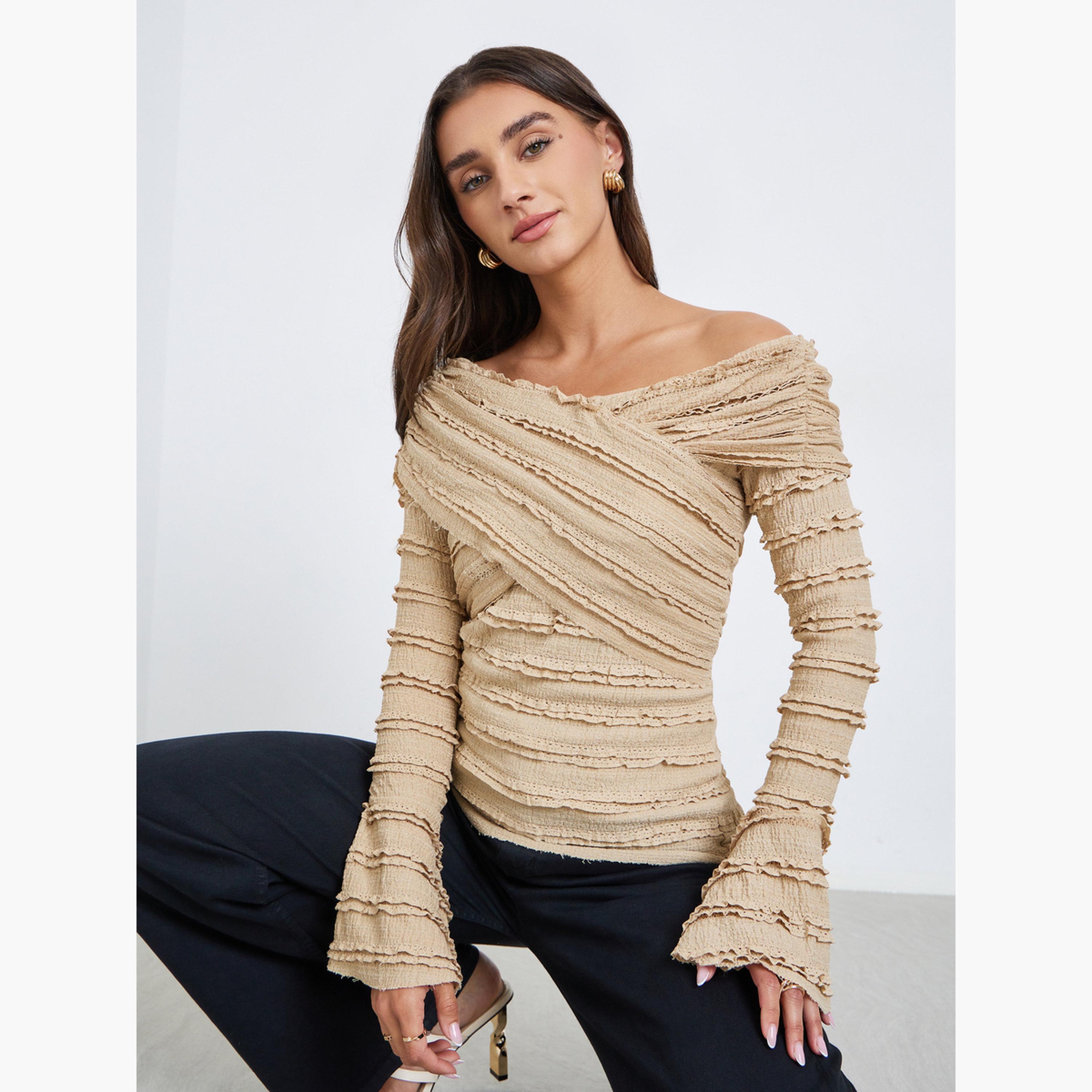 ستايلي - بلوزة متقاطعة بأكمام طويلة ومزينة بكشكشة-women-clothing-shirtsandblouses-blouses-image-2
