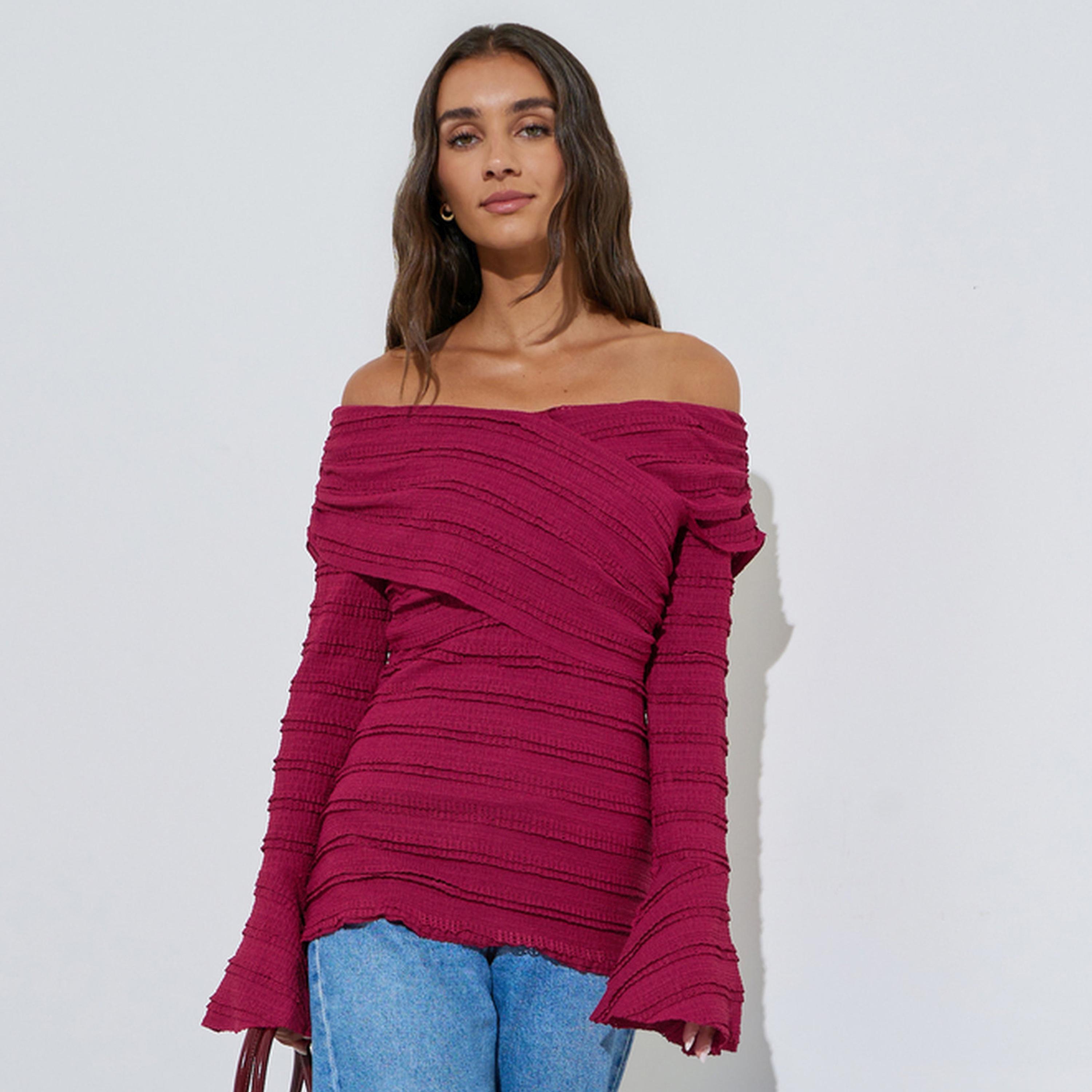 Styli Burgundy Ruffled Long Sleeve Crisscross Blouse-women-clothing-shirtsandblouses-blouses-image-1