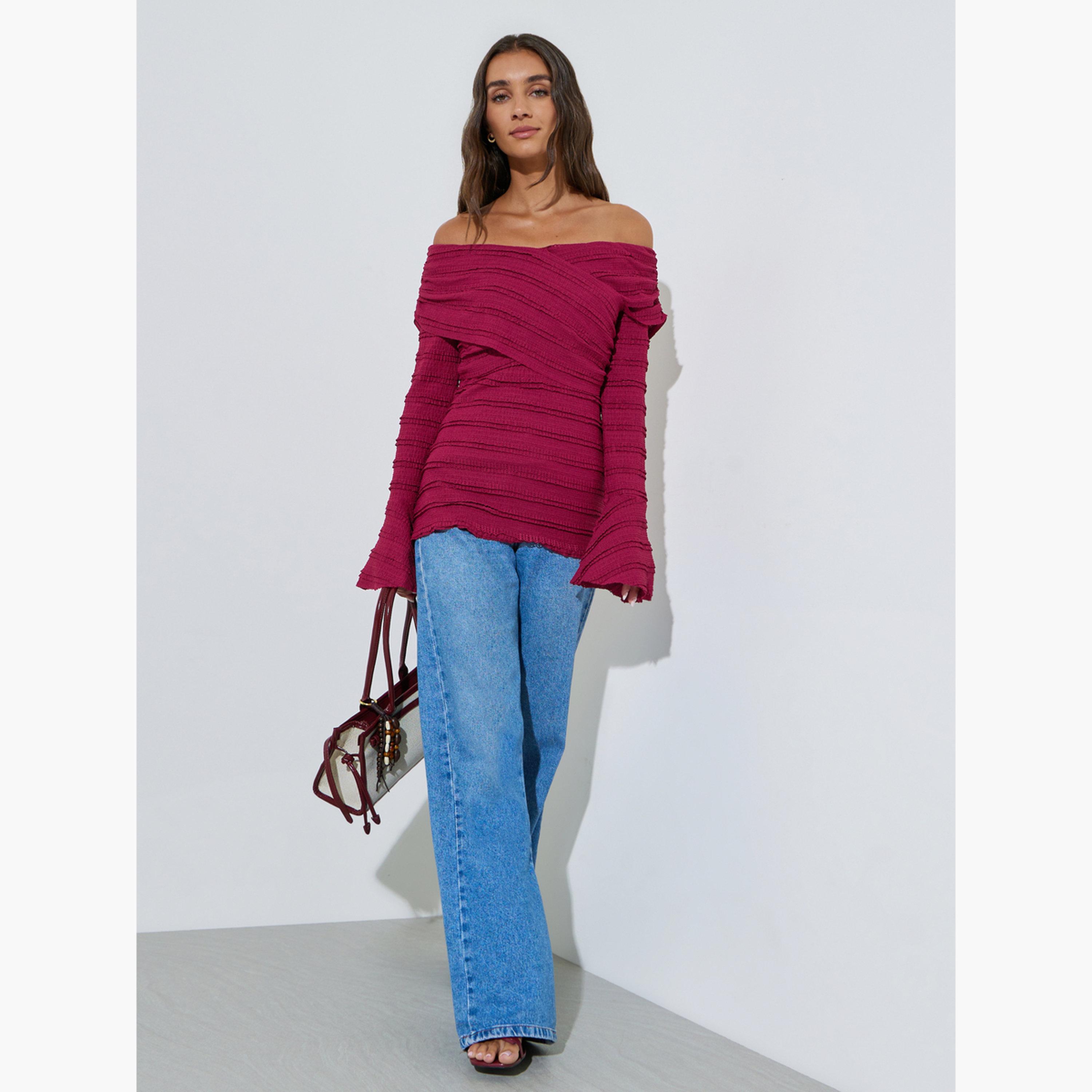 Styli Burgundy Ruffled Long Sleeve Crisscross Blouse-women-clothing-shirtsandblouses-blouses-image-2
