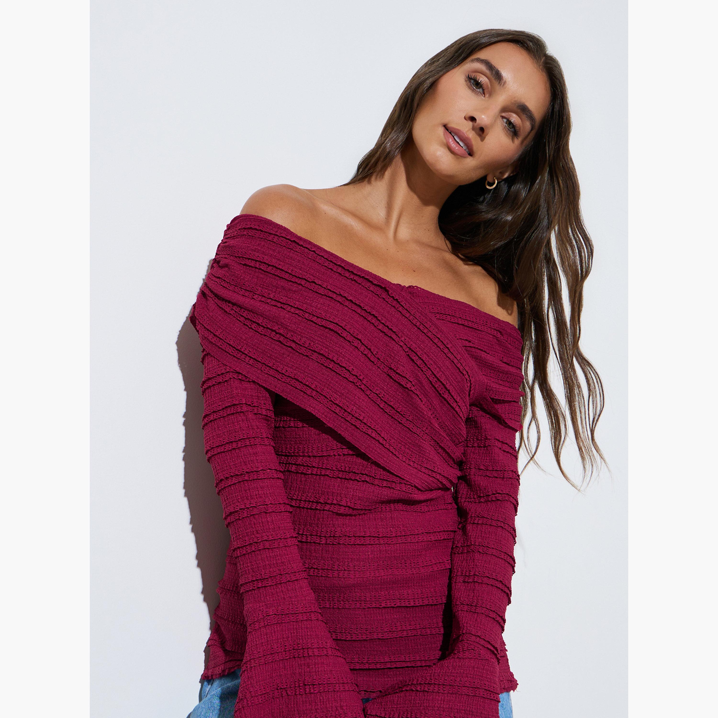 Styli Burgundy Ruffled Long Sleeve Crisscross Blouse-women-clothing-shirtsandblouses-blouses-image-3