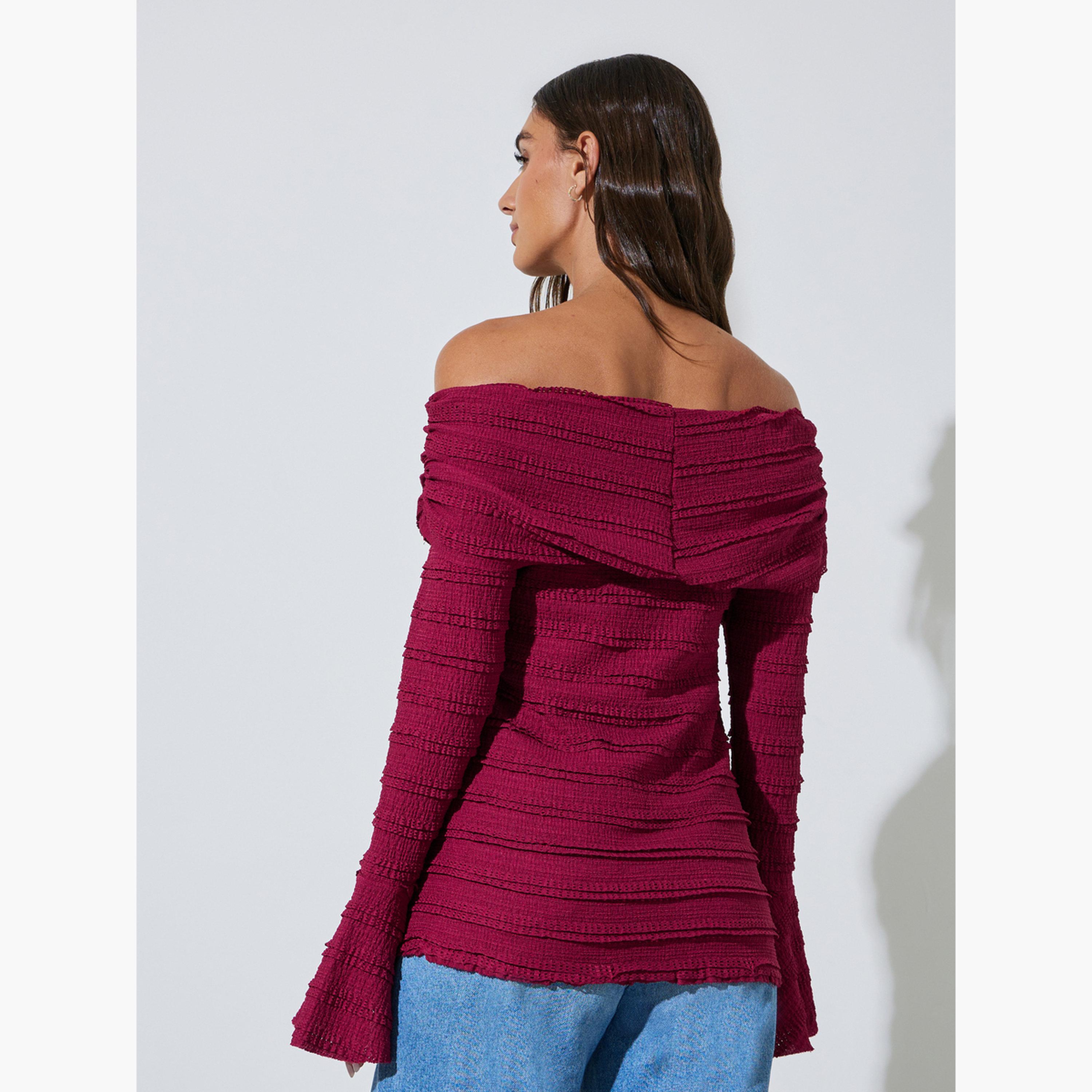 Styli Burgundy Ruffled Long Sleeve Crisscross Blouse-women-clothing-shirtsandblouses-blouses-image-4