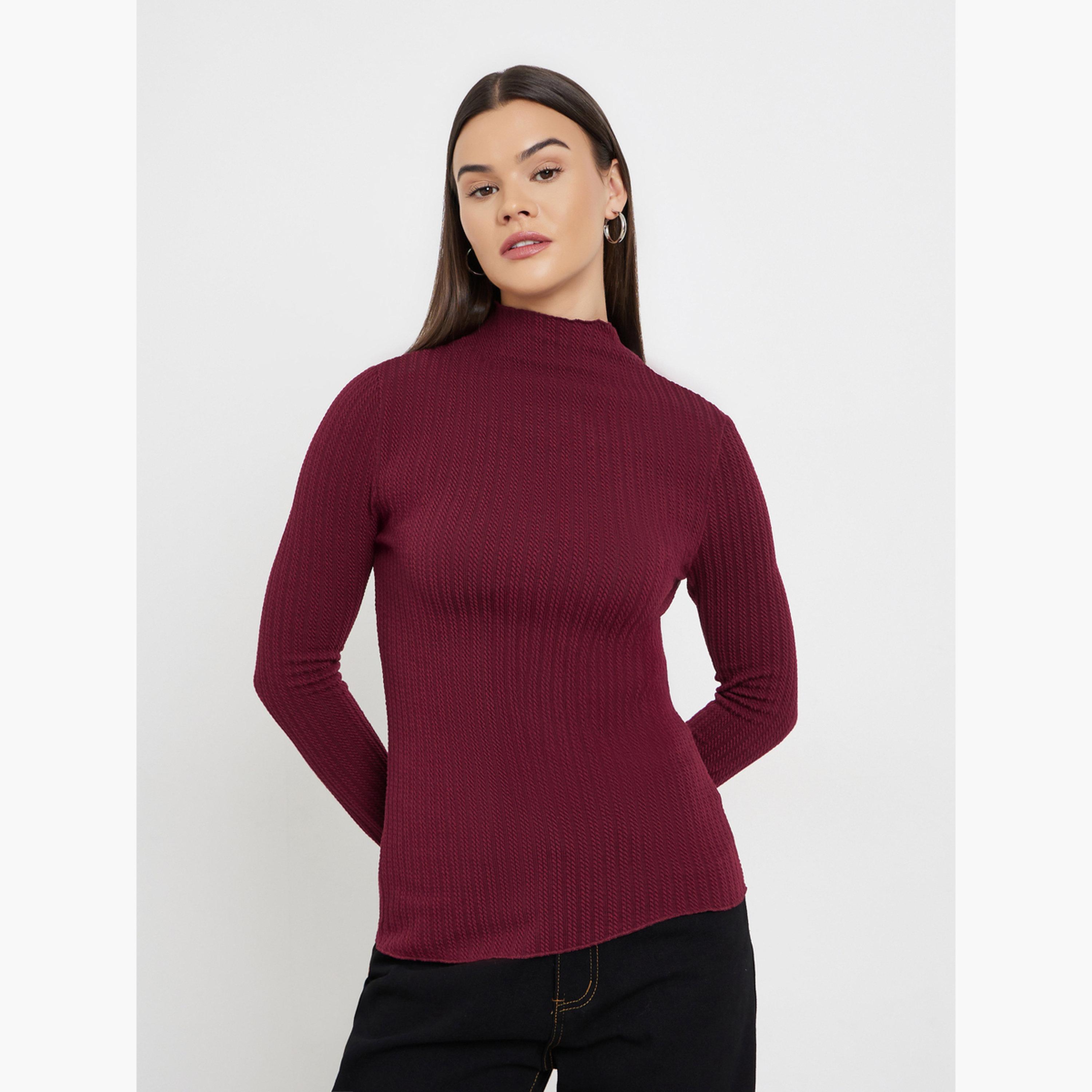 Styli Women Burgundy Textured Cable Knit Top-women-clothing-tshirts-image-1