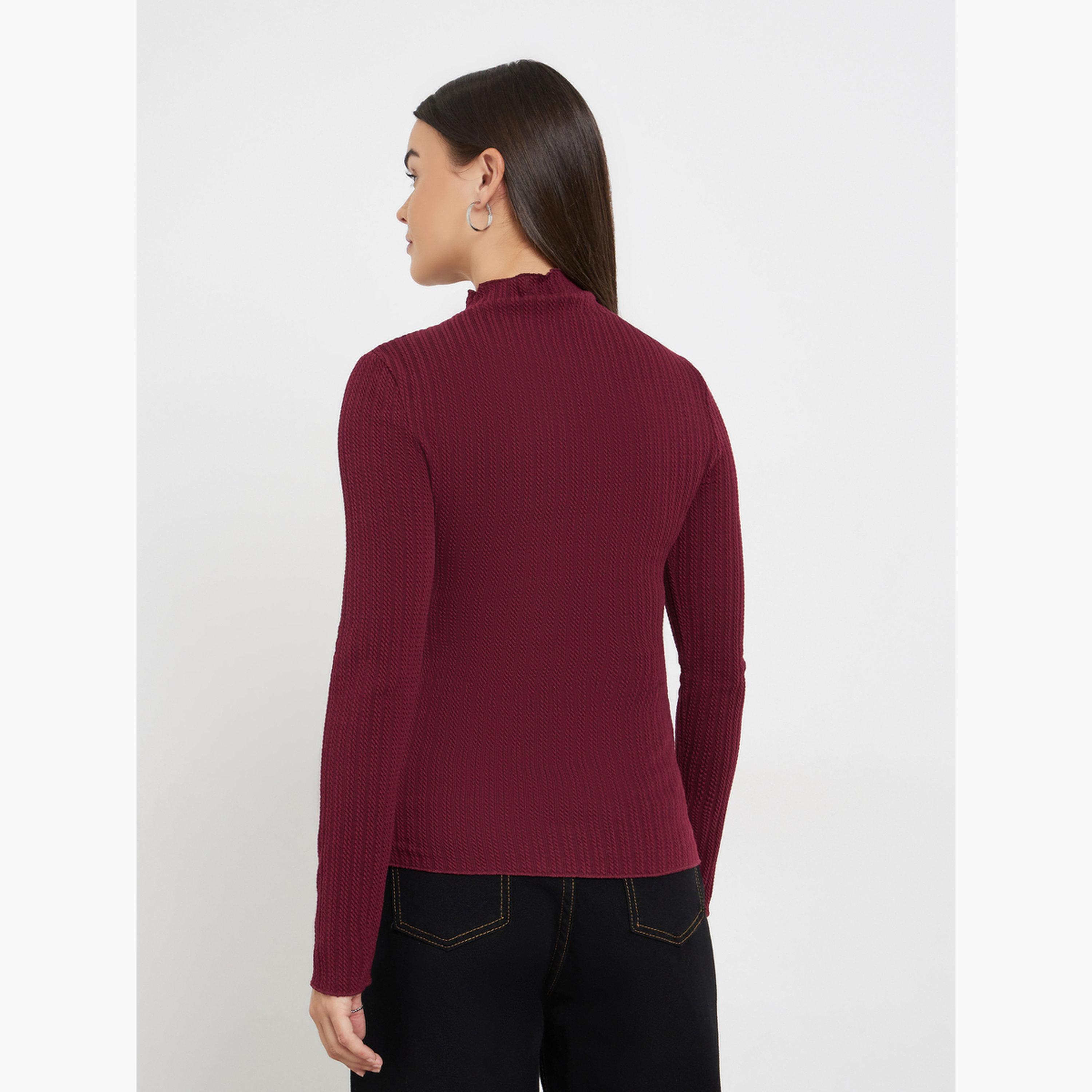 Styli Women Burgundy Textured Cable Knit Top-women-clothing-tshirts-image-5