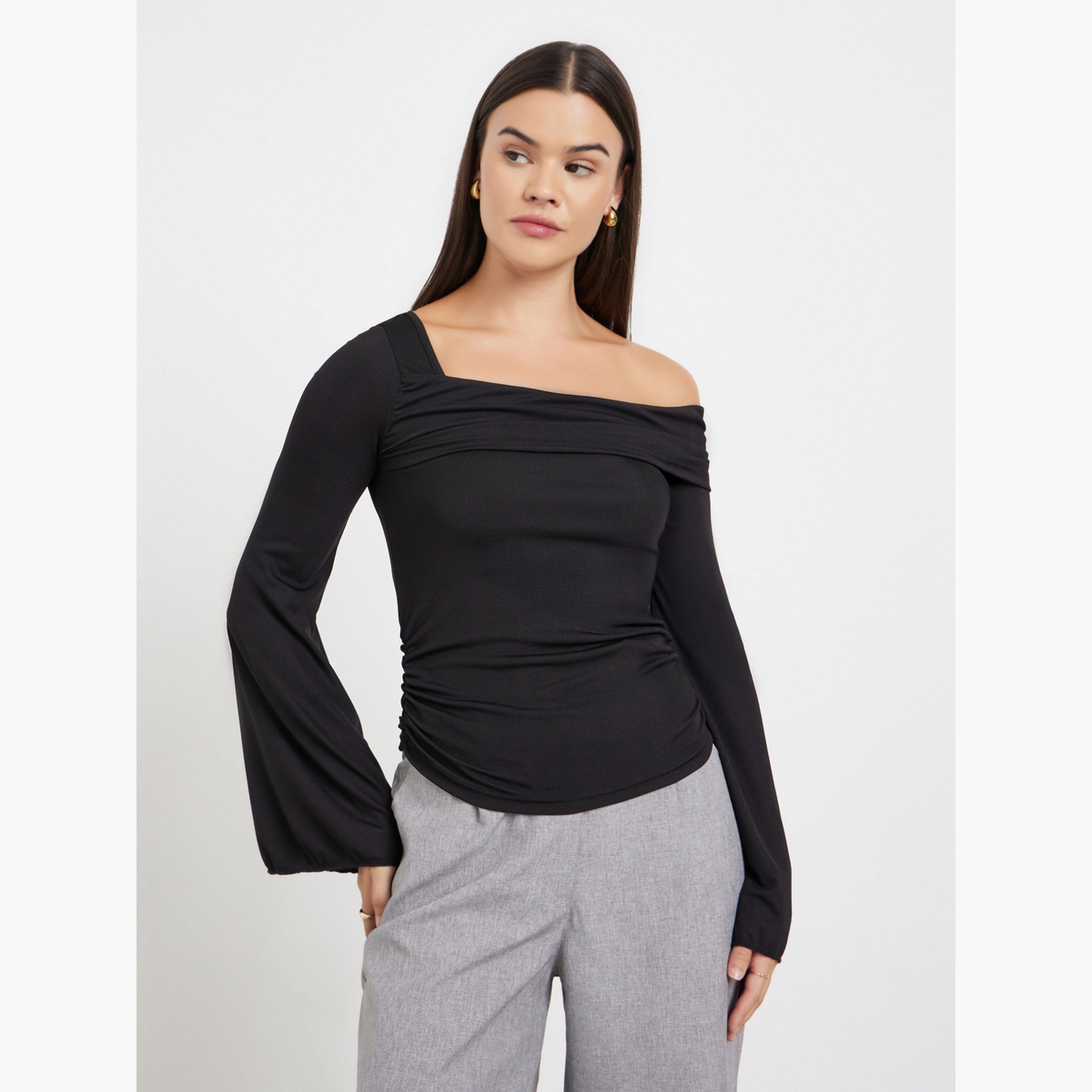 Styli Women Black Asymmetric Neck Knit Top-women-clothing-tshirts-image-1