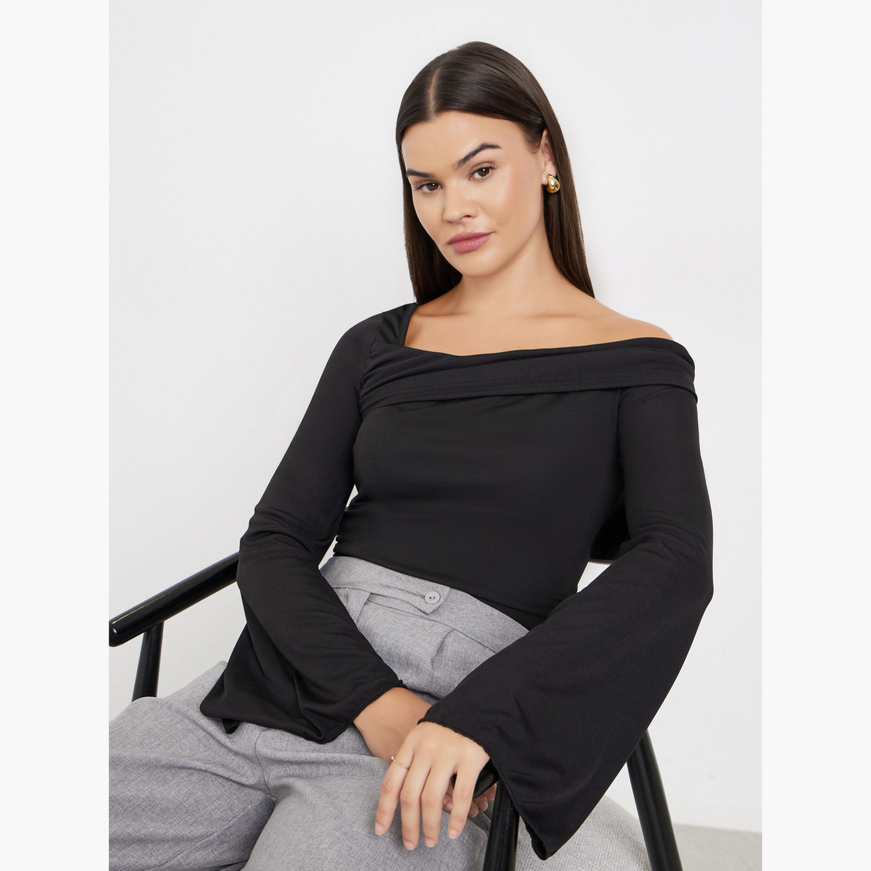 Styli Women Black Asymmetric Neck Knit Top-women-clothing-tshirts-image-3